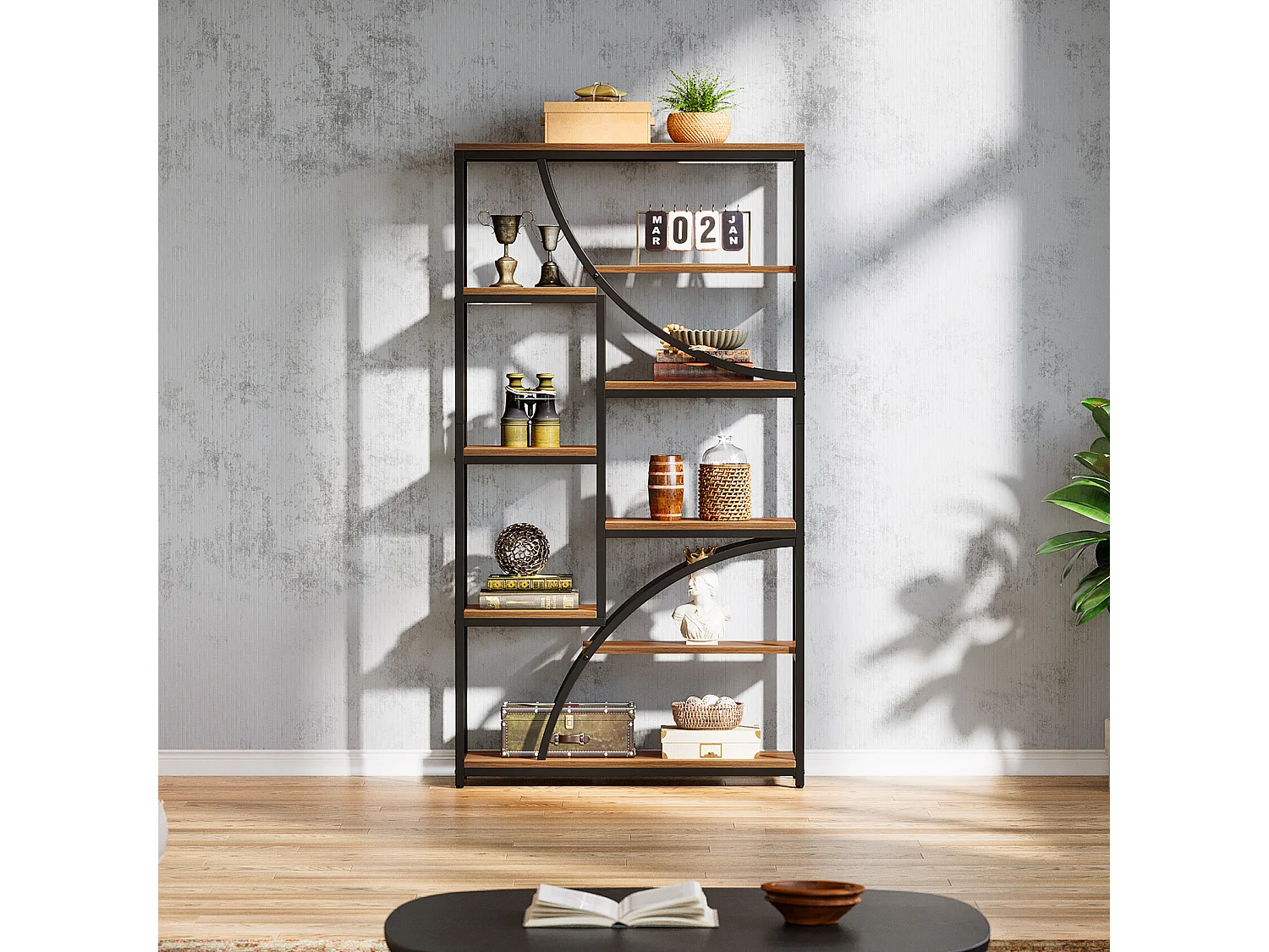 180 cm hoge boekenplank, industriële etagère met 9 niveaus, grote geometrische boekenplanken met open plank