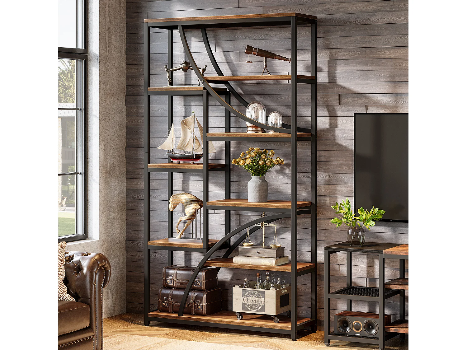 180 cm hoge boekenplank, industriële etagère met 9 niveaus, grote geometrische boekenplanken met open plank