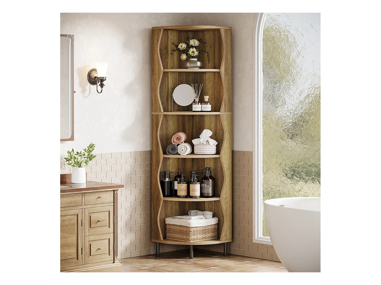 5-Etagen-Eckregal, 182 cm hohes Eckregal, stilvolles Holzregal, Displayregal, Aufbewahrungsgestell, Pflanzenständer