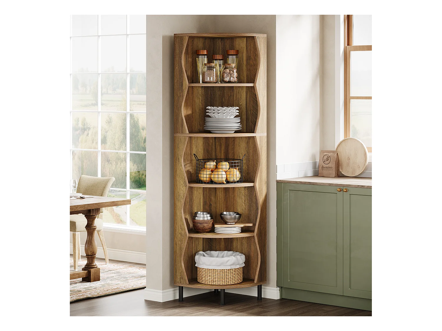 5-Etagen-Eckregal, 182 cm hohes Eckregal, stilvolles Holzregal, Displayregal, Aufbewahrungsgestell, Pflanzenständer