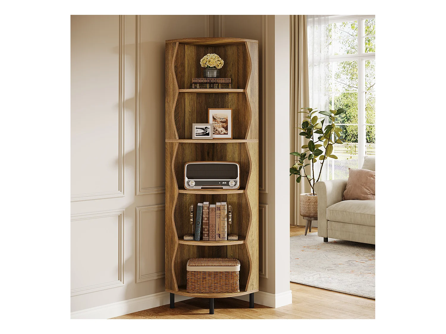 5-Etagen-Eckregal, 182 cm hohes Eckregal, stilvolles Holzregal, Displayregal, Aufbewahrungsgestell, Pflanzenständer
