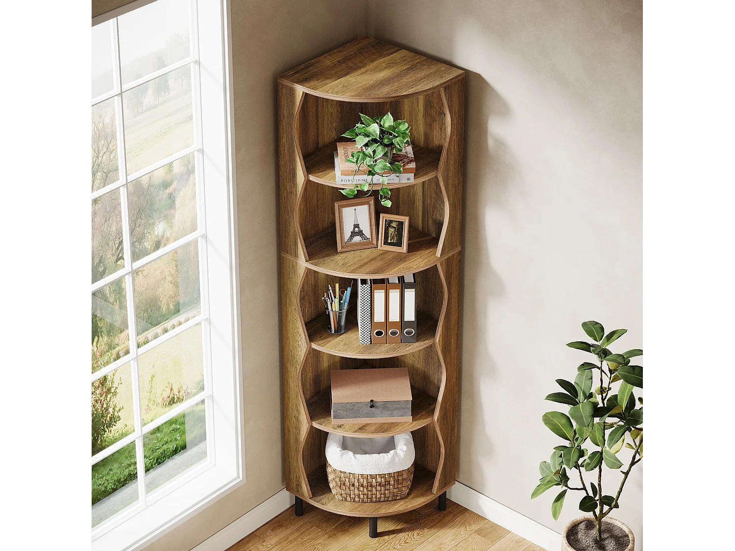 5-Etagen-Eckregal, 182 cm hohes Eckregal, stilvolles Holzregal, Displayregal, Aufbewahrungsgestell, Pflanzenständer
