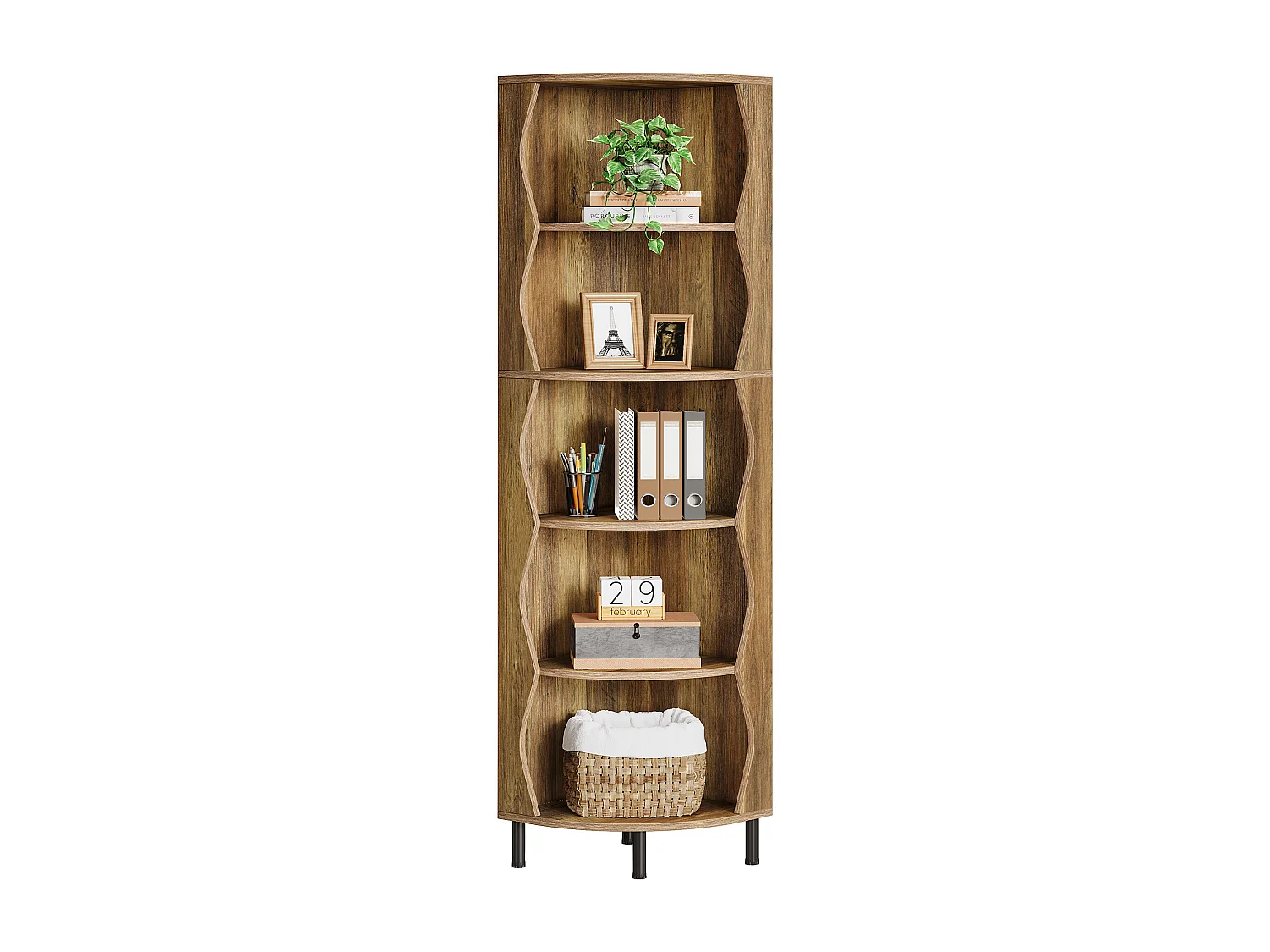 Étagère d'angle à 5 niveaux, bibliothèque d'angle de 182 cm de haut, élégante étagère de rangement en bois avec support pour plantes
