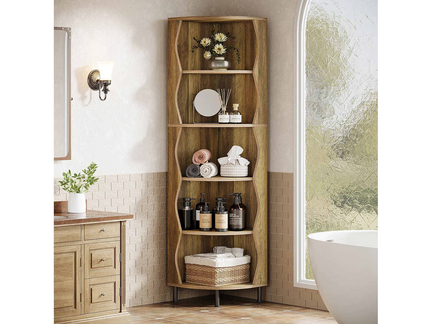 Étagère d'angle à 5 niveaux, bibliothèque d'angle de 182 cm de haut, élégante étagère de rangement en bois avec support pour plantes