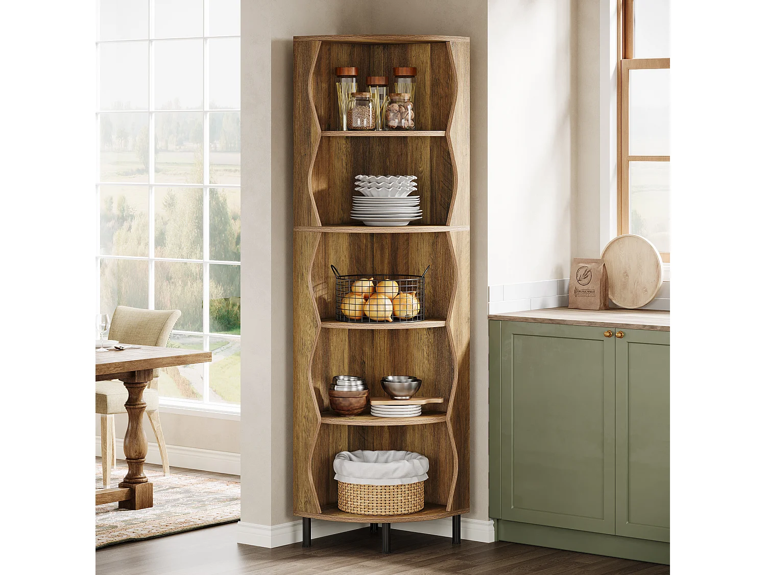 Étagère d'angle à 5 niveaux, bibliothèque d'angle de 182 cm de haut, élégante étagère de rangement en bois avec support pour plantes