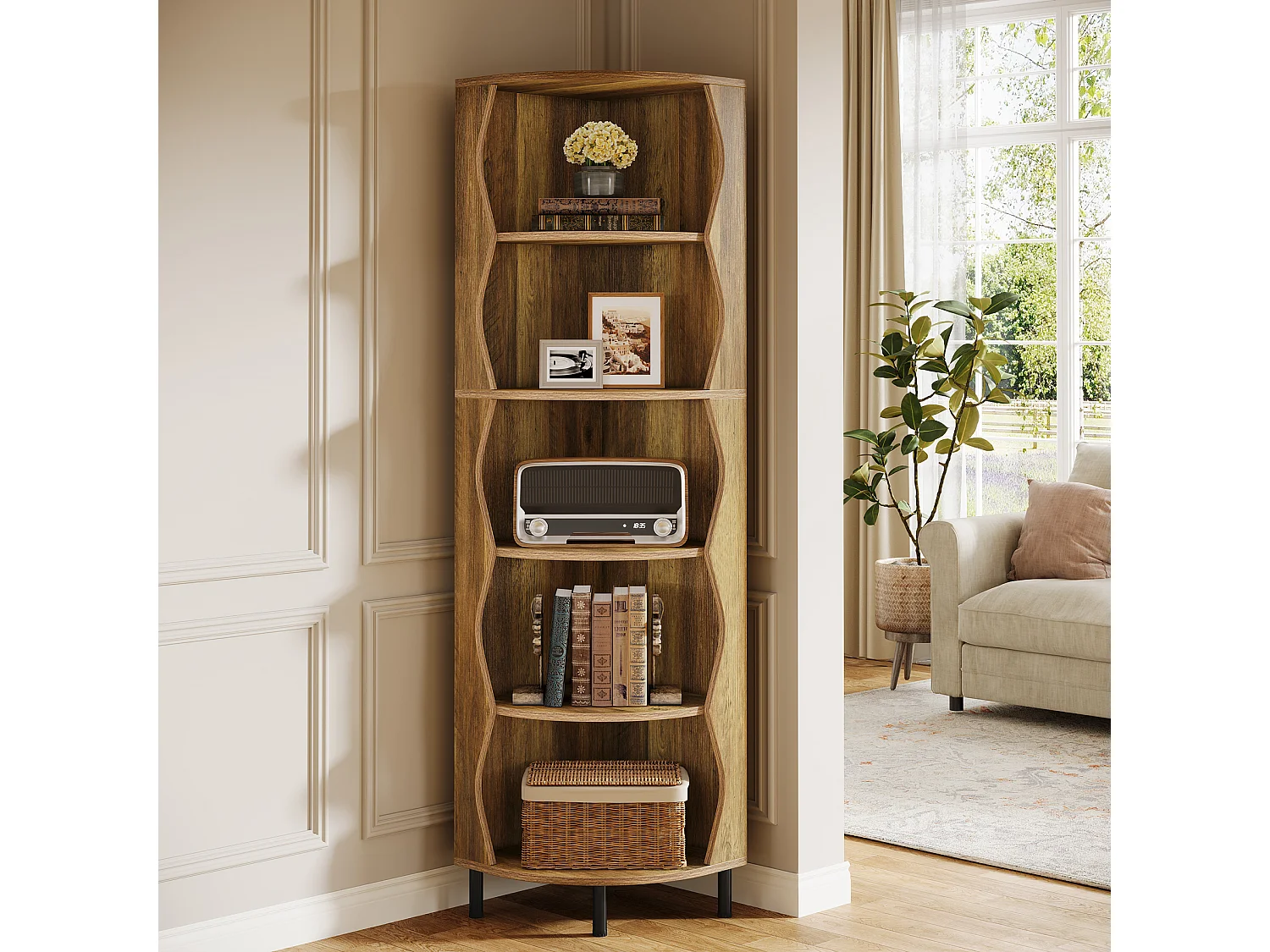 Étagère d'angle à 5 niveaux, bibliothèque d'angle de 182 cm de haut, élégante étagère de rangement en bois avec support pour plantes