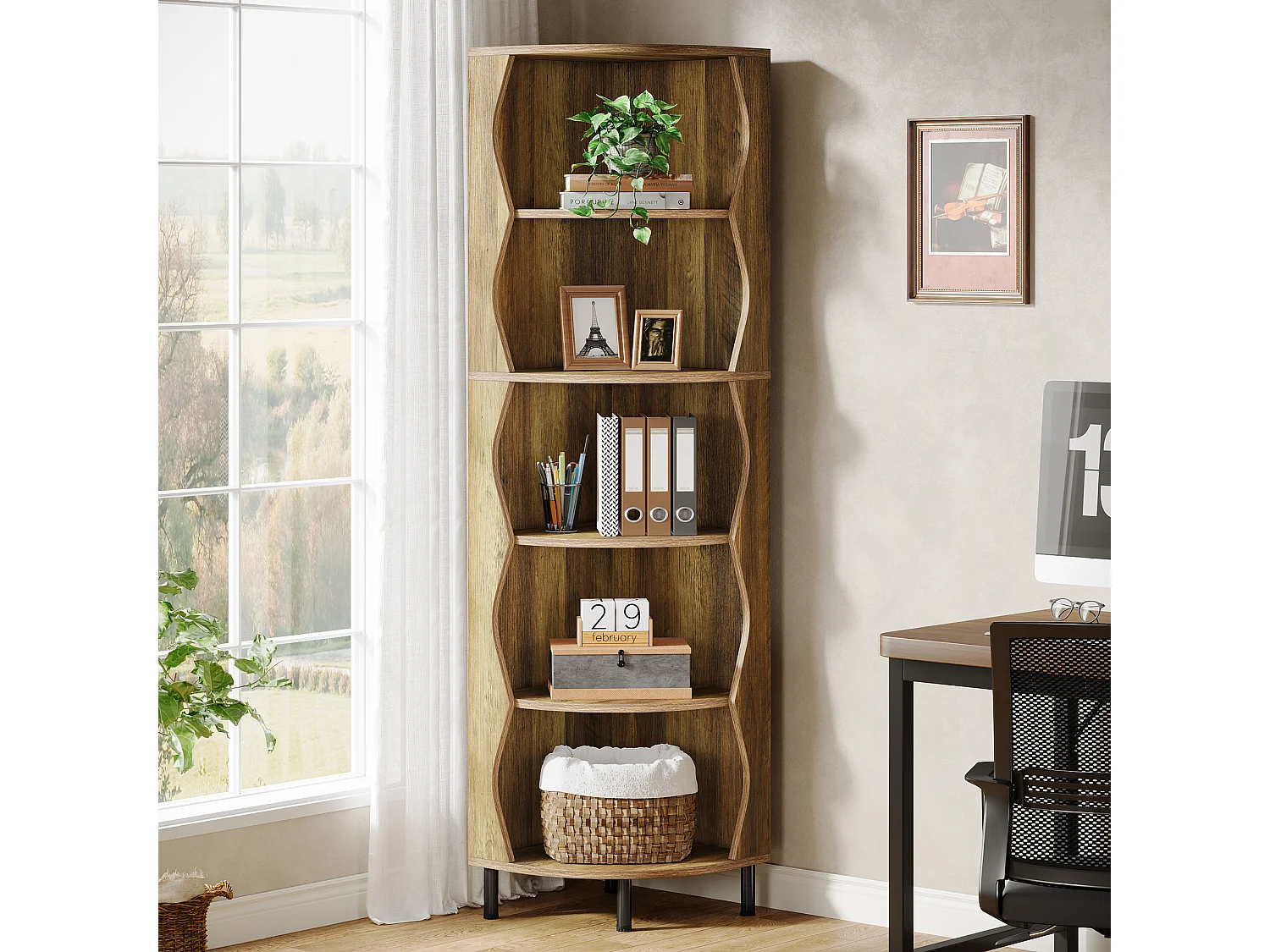 Étagère d'angle à 5 niveaux, bibliothèque d'angle de 182 cm de haut, élégante étagère de rangement en bois avec support pour plantes