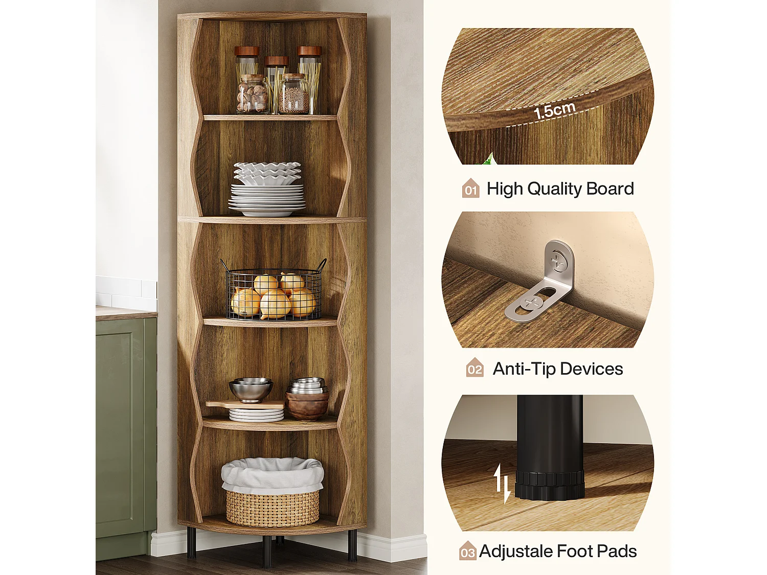 Étagère d'angle à 5 niveaux, bibliothèque d'angle de 182 cm de haut, élégante étagère de rangement en bois avec support pour plantes