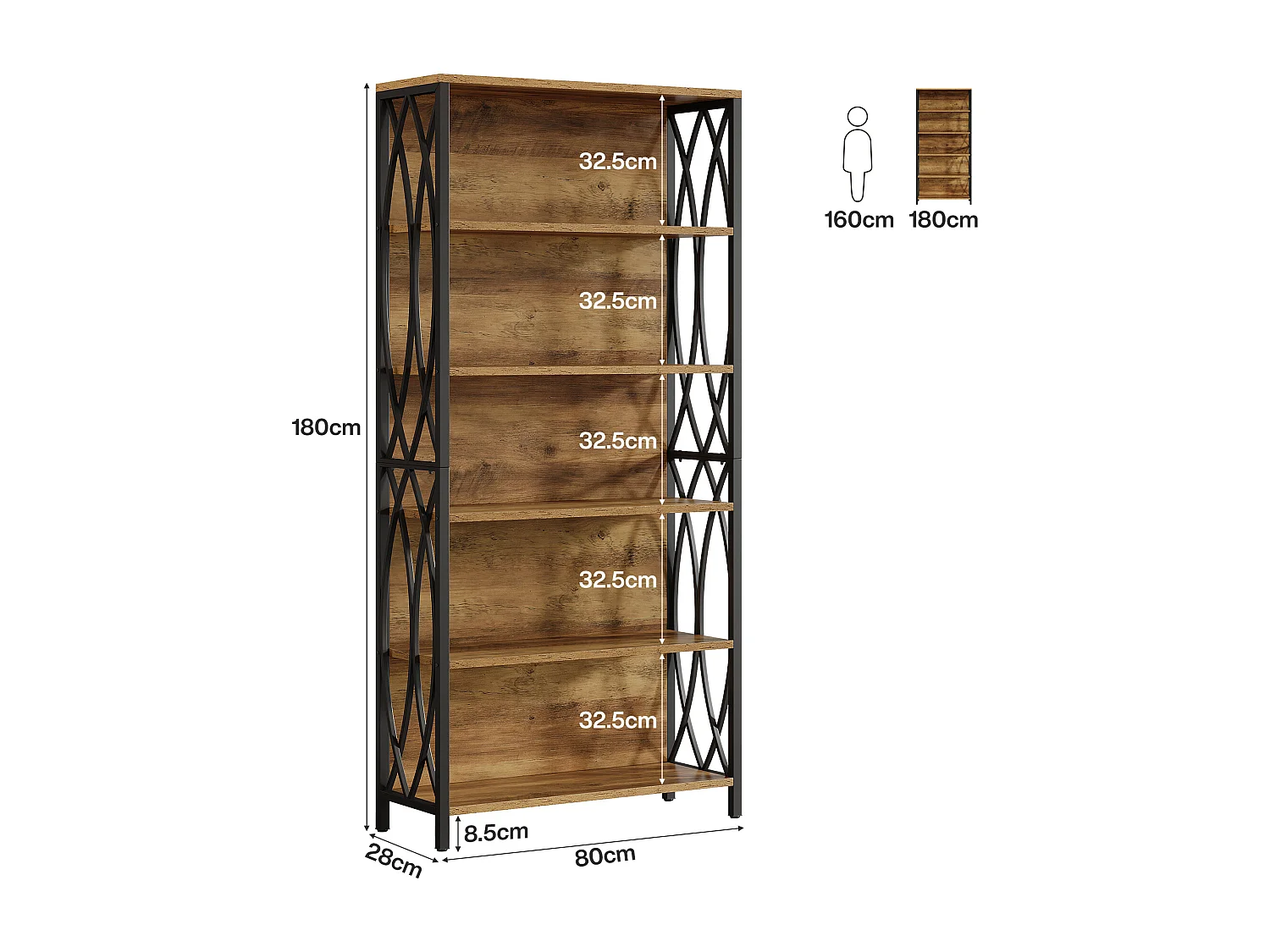 Boekenkast van 180 cm hoog, industriële boekenkast met 6 lagen, geometrisch metalen frame, open opbergplanken en vrijstaande displayplank
