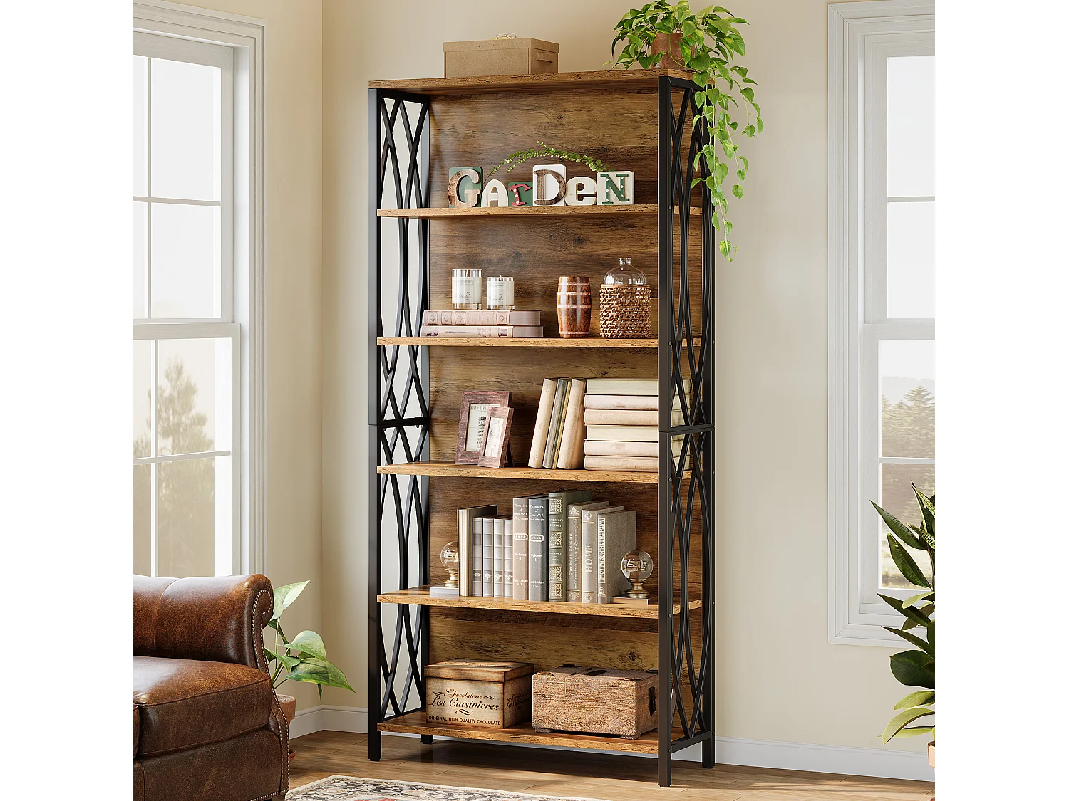 Boekenkast van 180 cm hoog, industriële boekenkast met 6 lagen, geometrisch metalen frame, open opbergplanken en vrijstaande displayplank