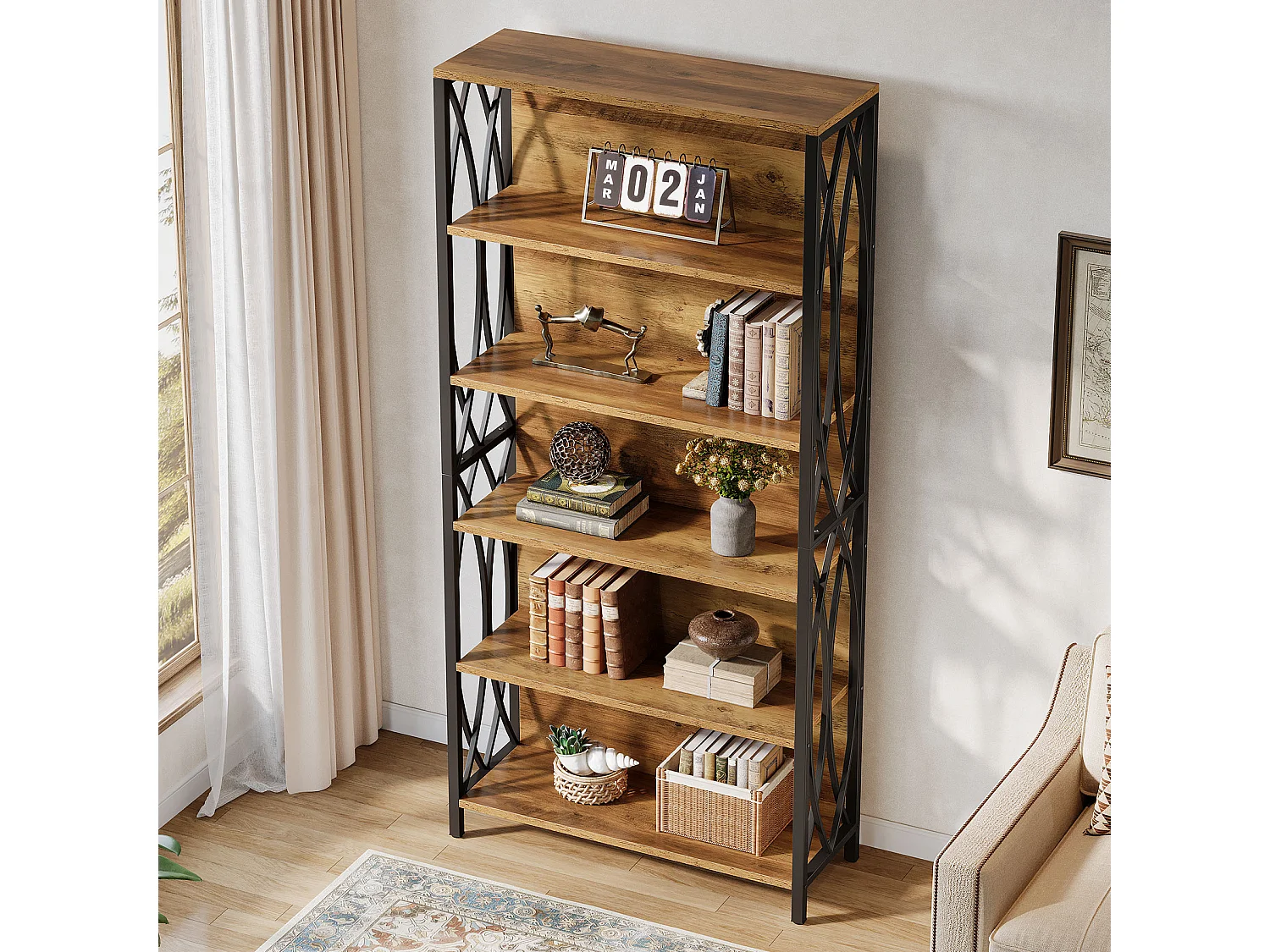 Boekenkast van 180 cm hoog, industriële boekenkast met 6 lagen, geometrisch metalen frame, open opbergplanken en vrijstaande displayplank