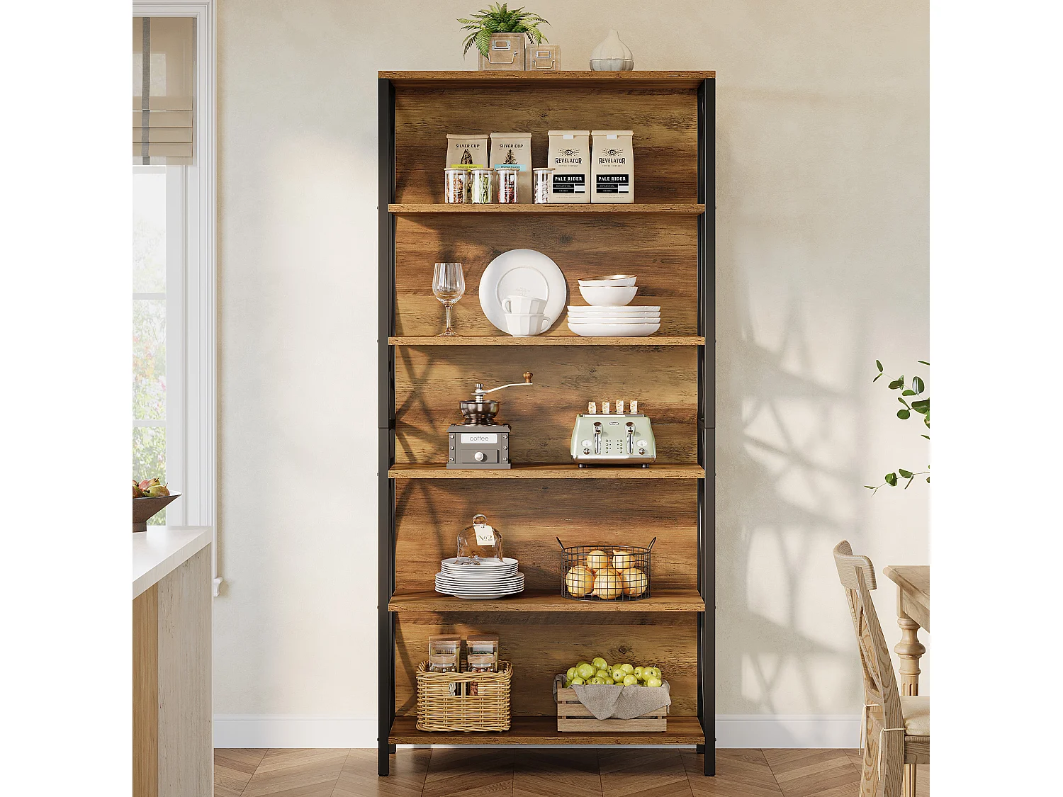 Boekenkast van 180 cm hoog, industriële boekenkast met 6 lagen, geometrisch metalen frame, open opbergplanken en vrijstaande displayplank