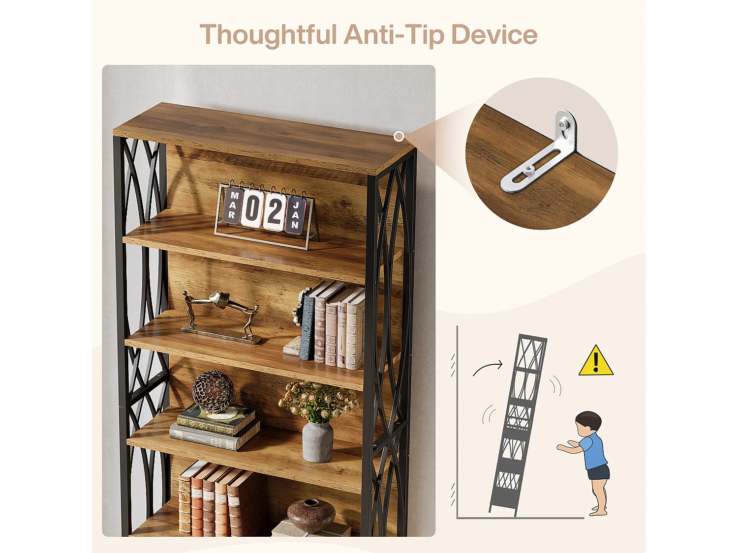 Boekenkast van 180 cm hoog, industriële boekenkast met 6 lagen, geometrisch metalen frame, open opbergplanken en vrijstaande displayplank