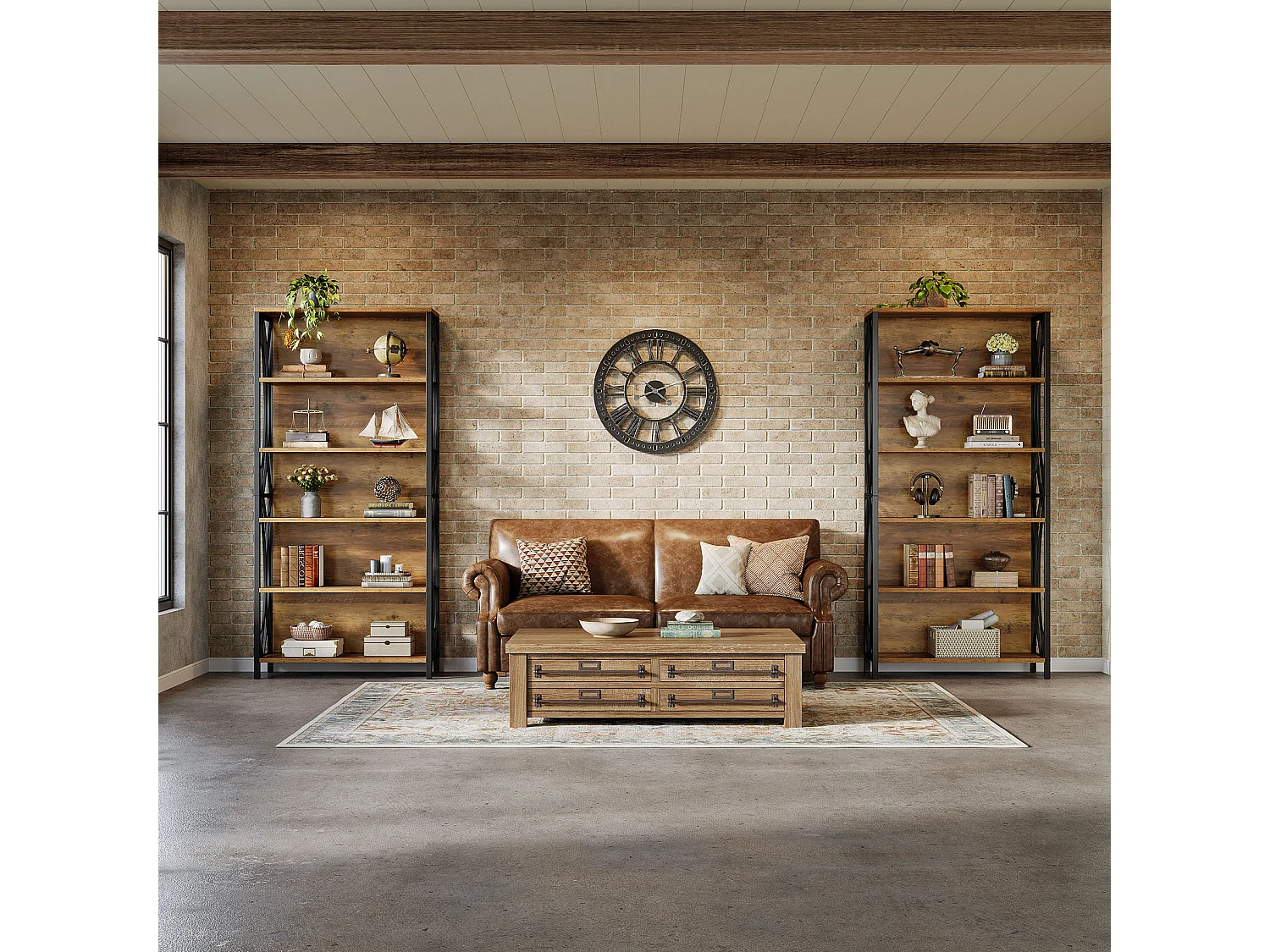 Boekenkast van 180 cm hoog, industriële boekenkast met 6 lagen, geometrisch metalen frame, open opbergplanken en vrijstaande displayplank