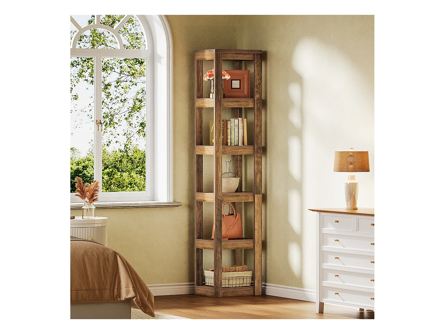 5-poziomowa półka na książki, 180 cm wysokości, wąska półka narożna, regały do małych przestrzeni, wolnostojąca półka ekspozycyjna