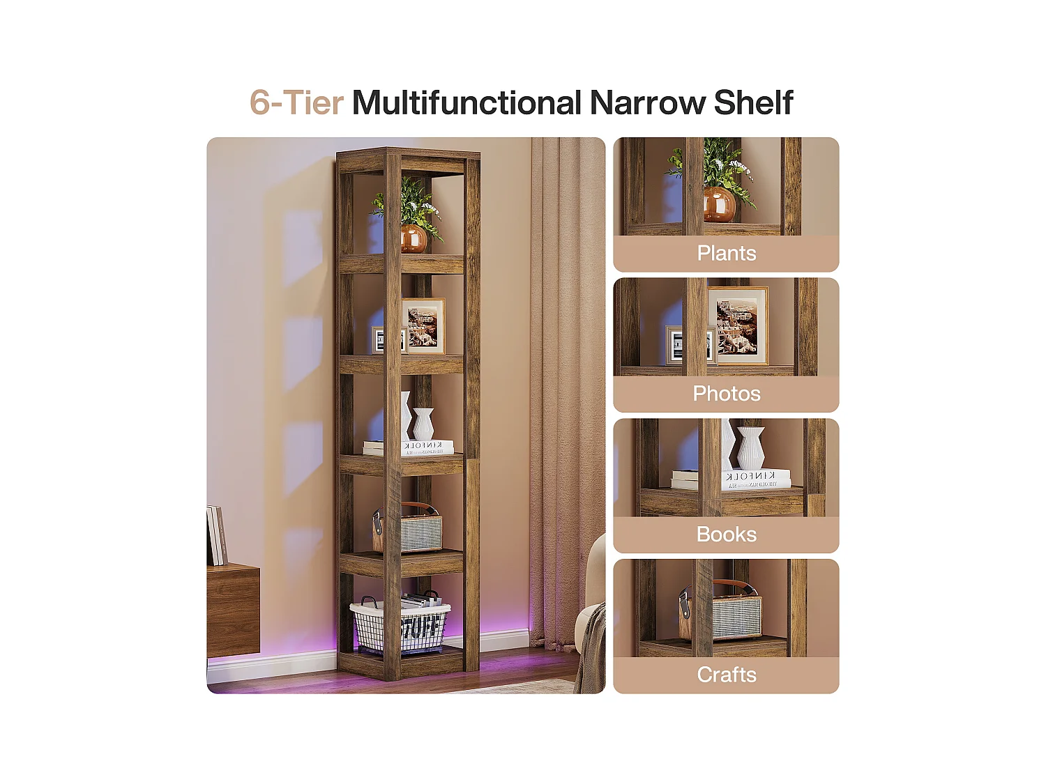 5-poziomowa półka na książki, 180 cm wysokości, wąska półka narożna, regały do małych przestrzeni, wolnostojąca półka ekspozycyjna