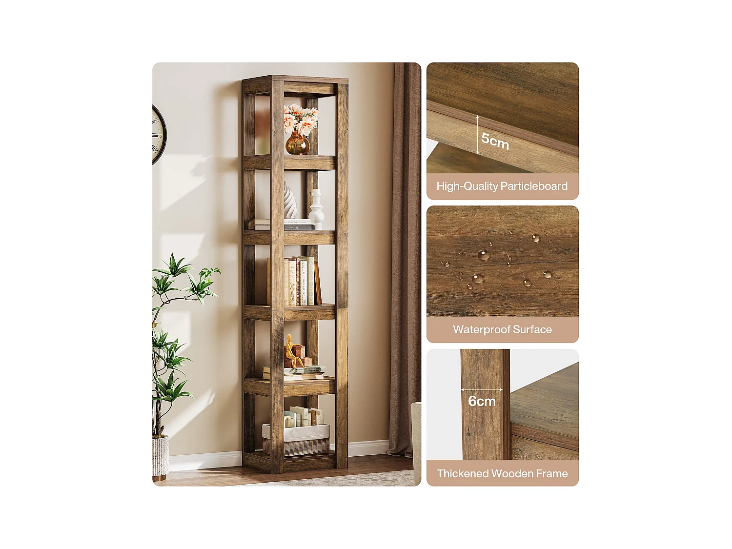 5-poziomowa półka na książki, 180 cm wysokości, wąska półka narożna, regały do małych przestrzeni, wolnostojąca półka ekspozycyjna