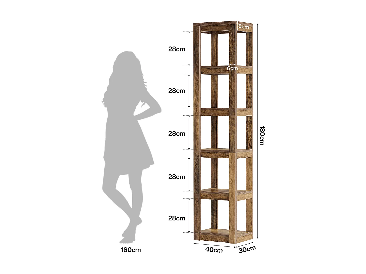 Bibliothèque à 5 niveaux, étagère d'angle étroite de 180 cm de haut, idéale pour les petits espaces, étagère de présentation autoportante