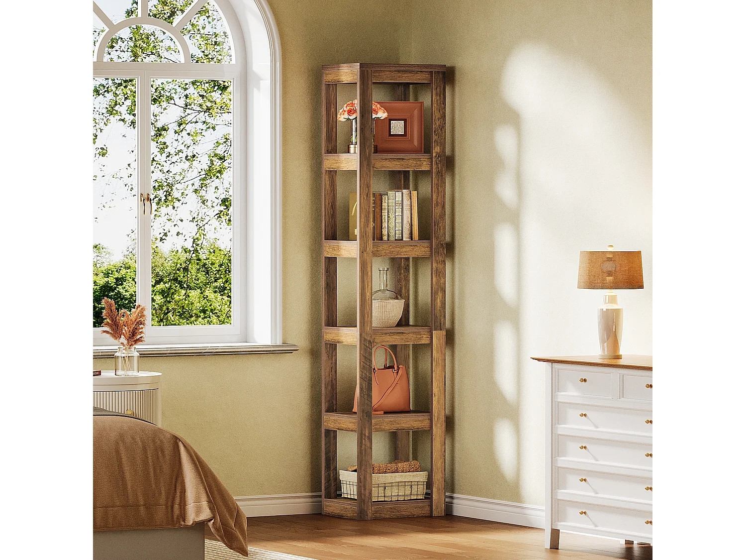 Bibliothèque à 5 niveaux, étagère d'angle étroite de 180 cm de haut, idéale pour les petits espaces, étagère de présentation autoportante