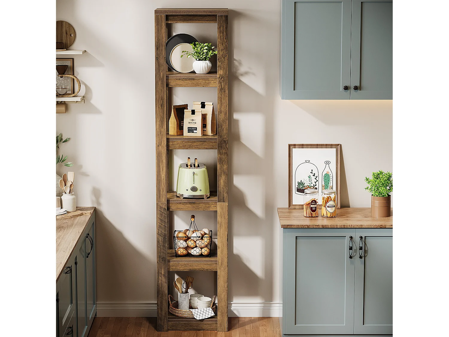 Bibliothèque à 5 niveaux, étagère d'angle étroite de 180 cm de haut, idéale pour les petits espaces, étagère de présentation autoportante