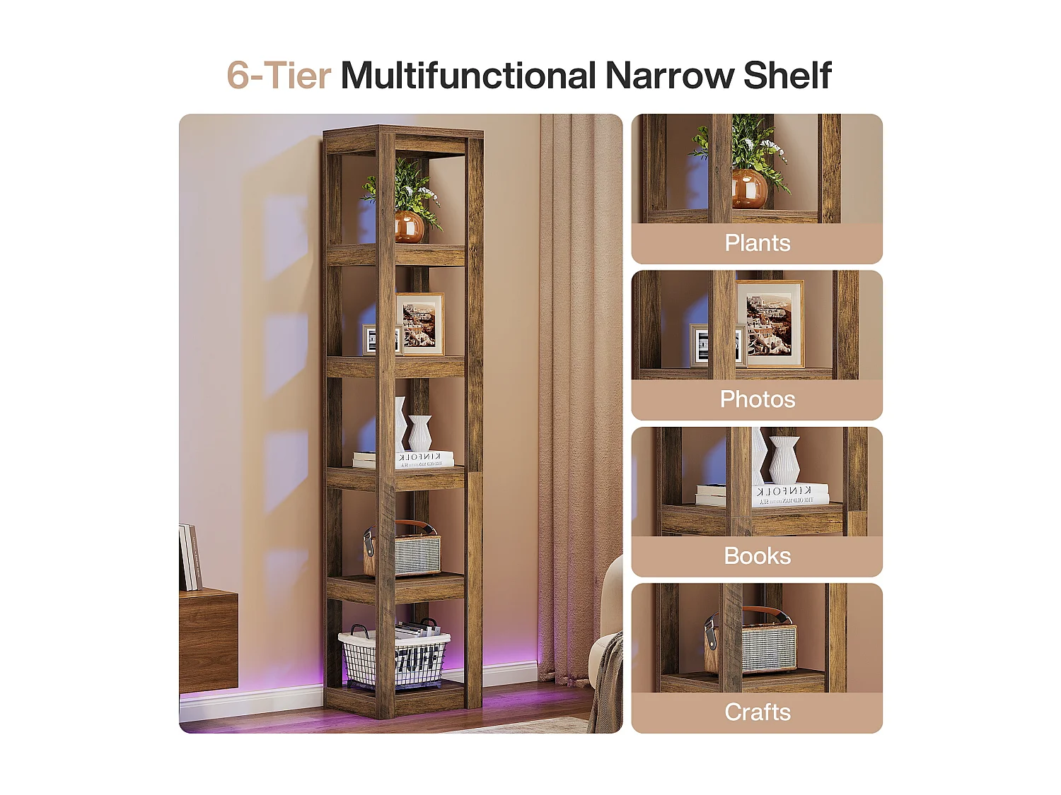 Bibliothèque à 5 niveaux, étagère d'angle étroite de 180 cm de haut, idéale pour les petits espaces, étagère de présentation autoportante