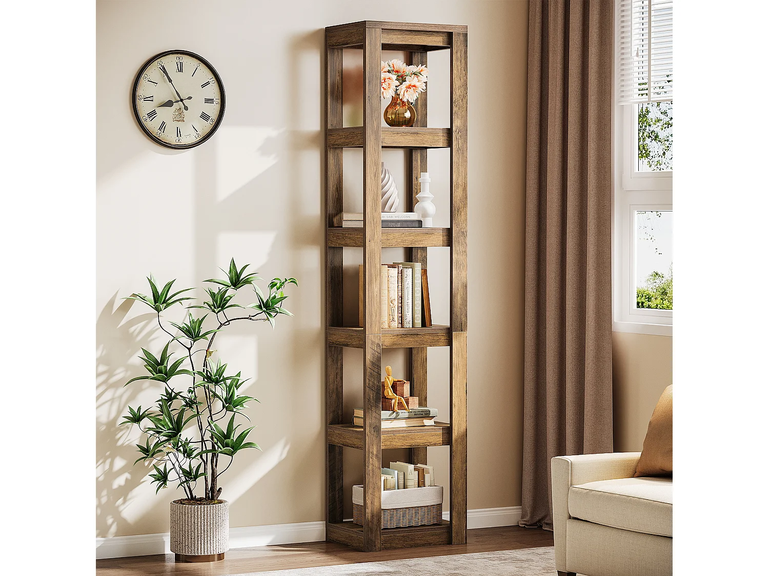 Bibliothèque à 5 niveaux, étagère d'angle étroite de 180 cm de haut, idéale pour les petits espaces, étagère de présentation autoportante