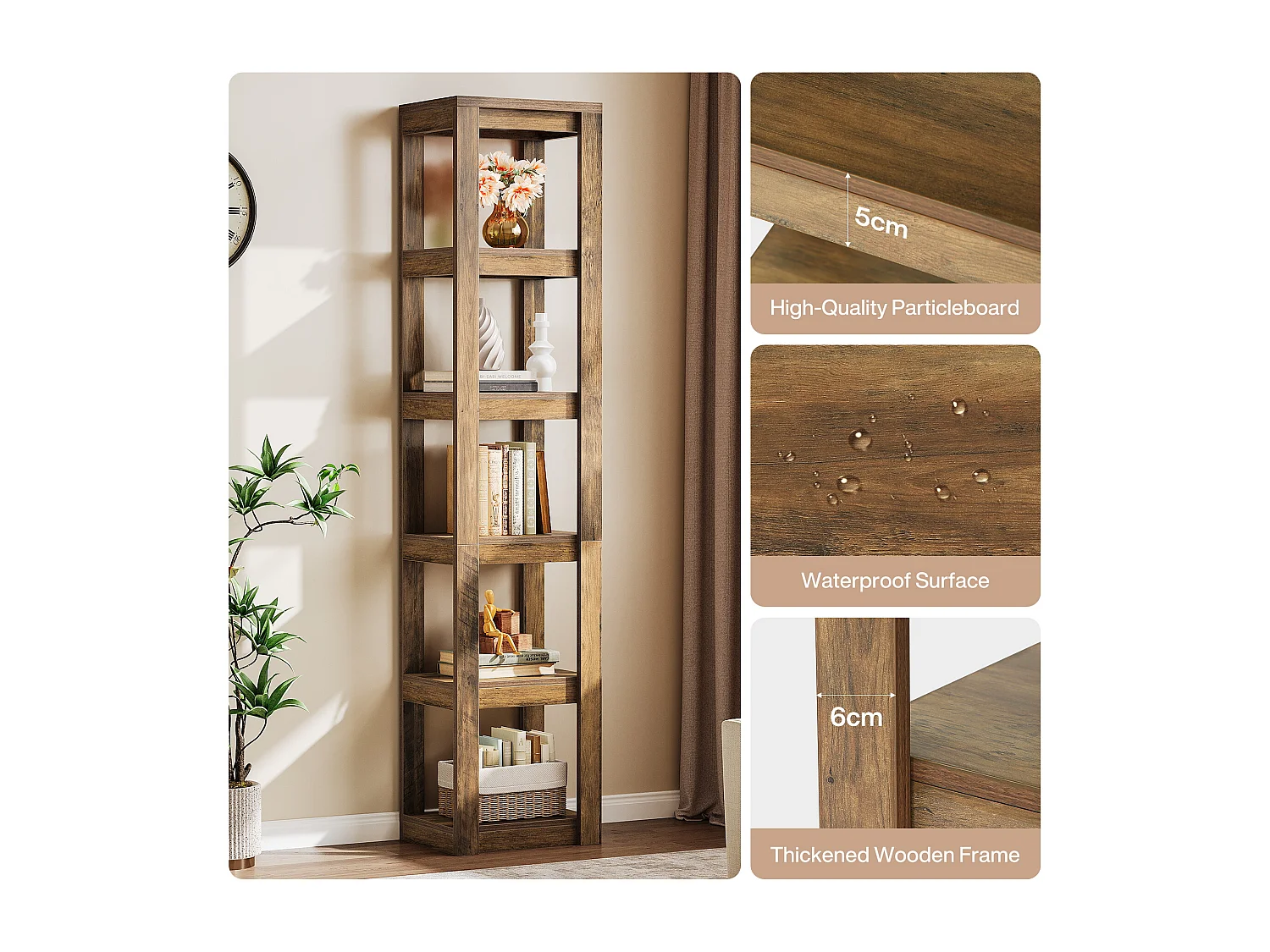 Bibliothèque à 5 niveaux, étagère d'angle étroite de 180 cm de haut, idéale pour les petits espaces, étagère de présentation autoportante