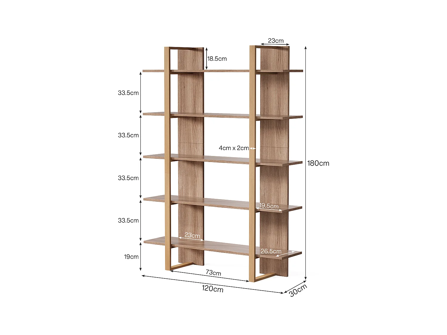 5-Etagen Bücherregal, 120 cm breit, offene Bücherregale, Etagère, Display, Büroschrankeinheit