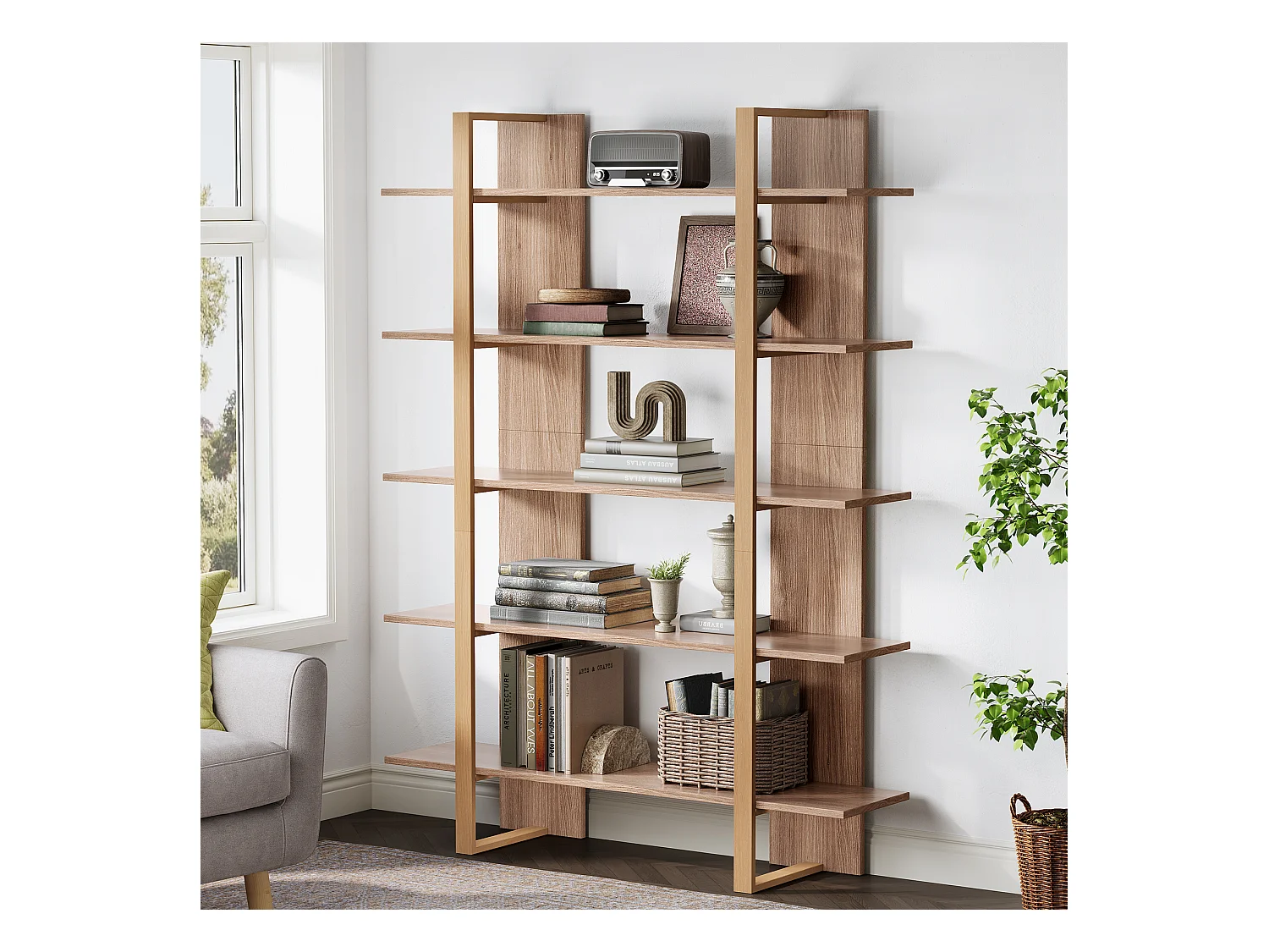 5-Etagen Bücherregal, 120 cm breit, offene Bücherregale, Etagère, Display, Büroschrankeinheit