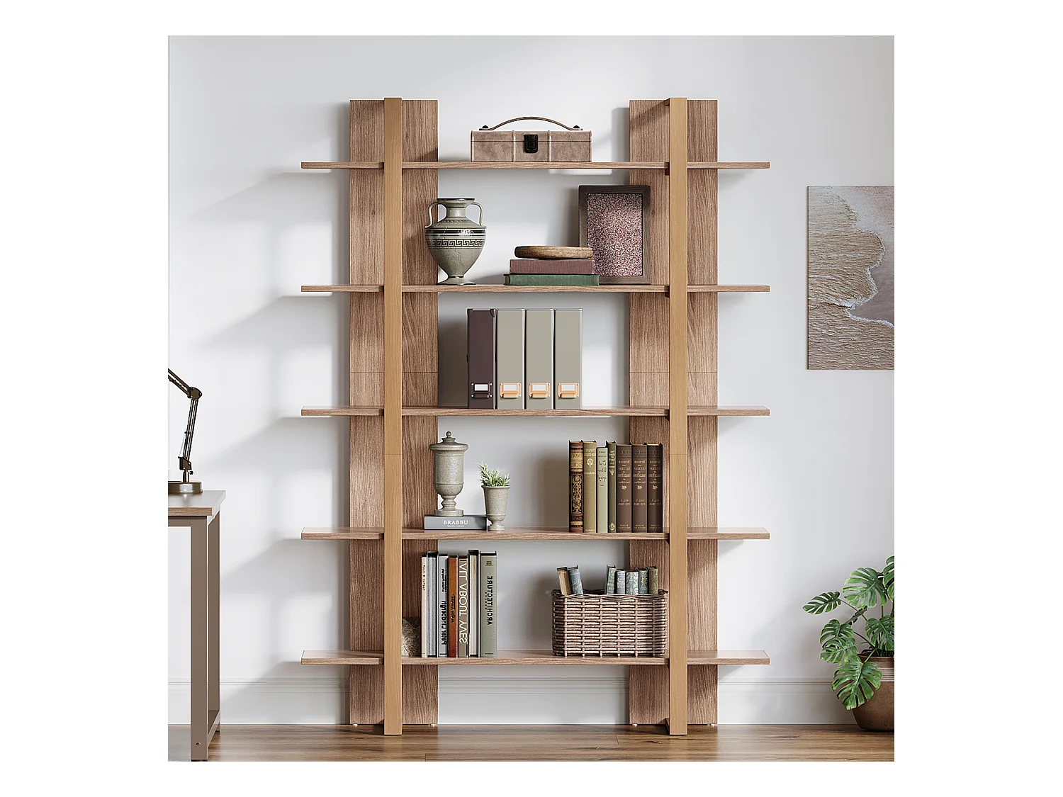 5-Etagen Bücherregal, 120 cm breit, offene Bücherregale, Etagère, Display, Büroschrankeinheit