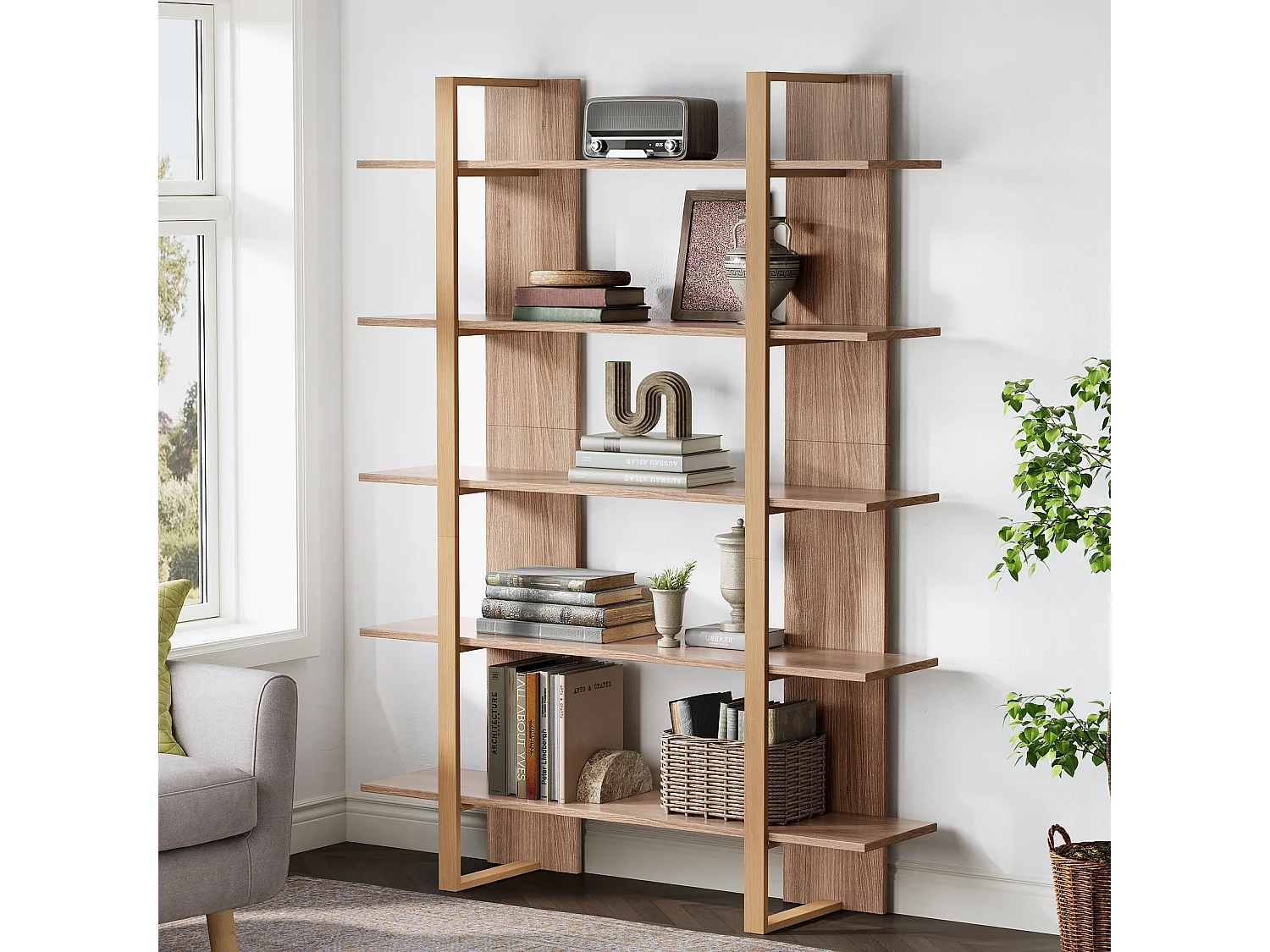 Bibliothèque à 5 niveaux de 120 cm de large, étagère ouverte pour livres et présentoirs de bureau