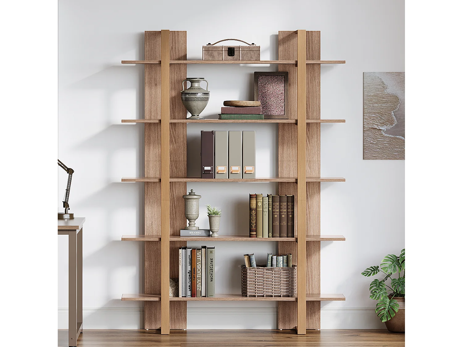 Bibliothèque à 5 niveaux de 120 cm de large, étagère ouverte pour livres et présentoirs de bureau