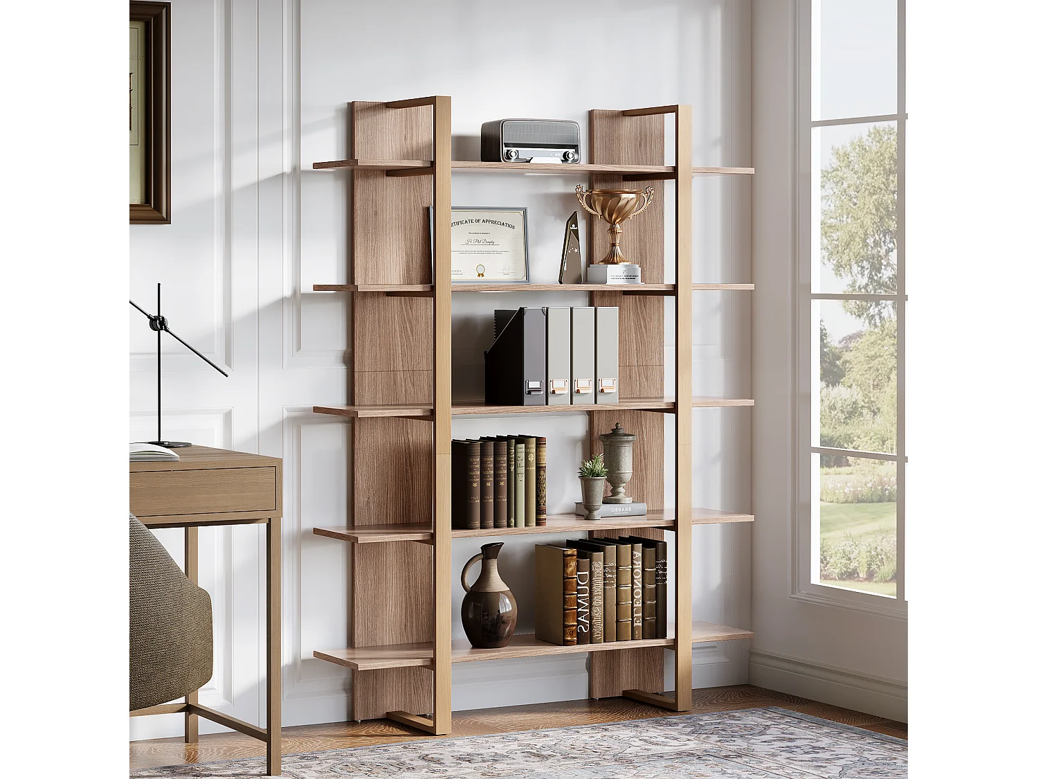 Bibliothèque à 5 niveaux de 120 cm de large, étagère ouverte pour livres et présentoirs de bureau