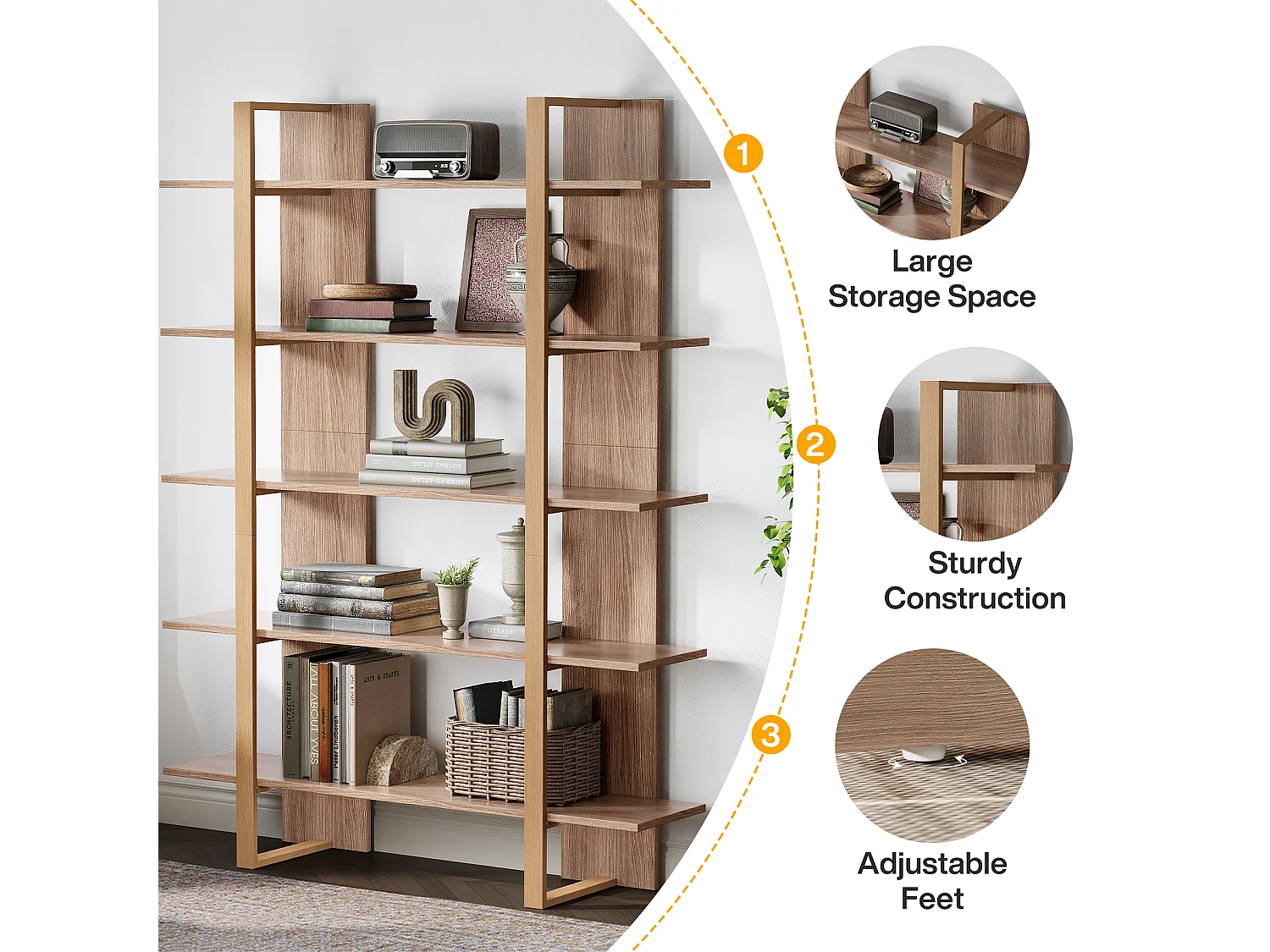 Bibliothèque à 5 niveaux de 120 cm de large, étagère ouverte pour livres et présentoirs de bureau