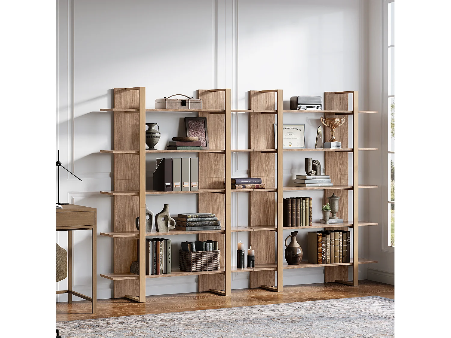 Bibliothèque à 5 niveaux de 120 cm de large, étagère ouverte pour livres et présentoirs de bureau