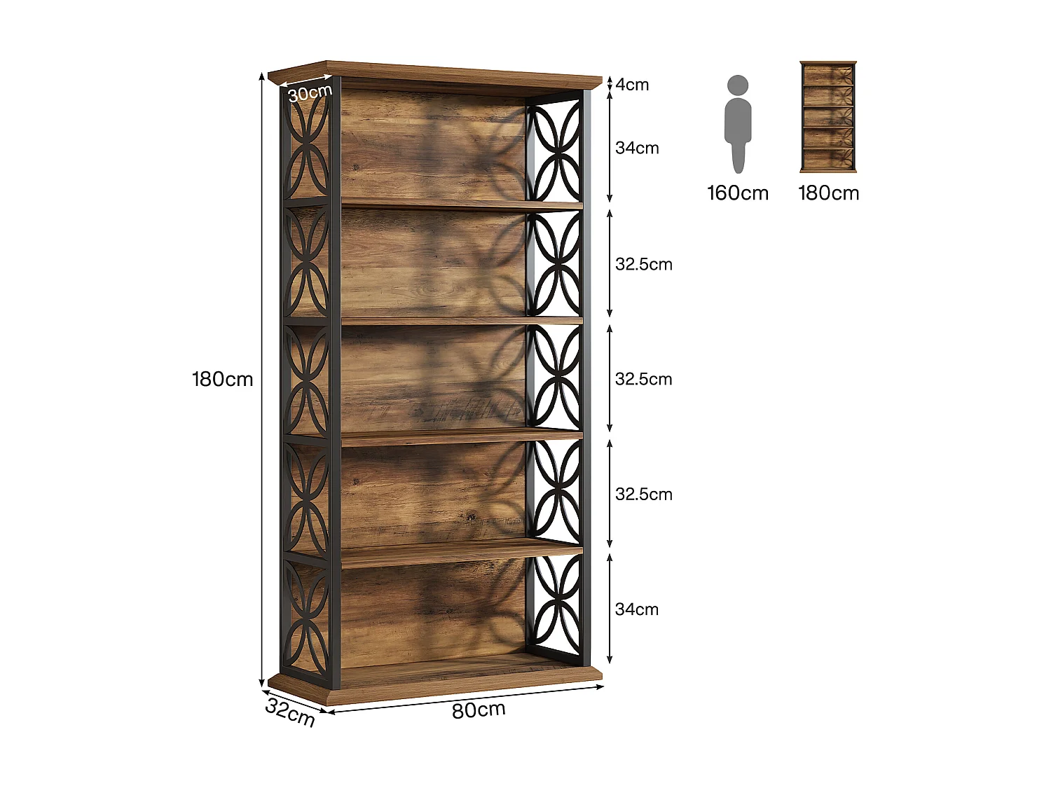 Bibliothèque haute à 6 niveaux, bibliothèque industrielle de 180 cm avec structure métallique, étagères de rangement ouvertes autoportantes