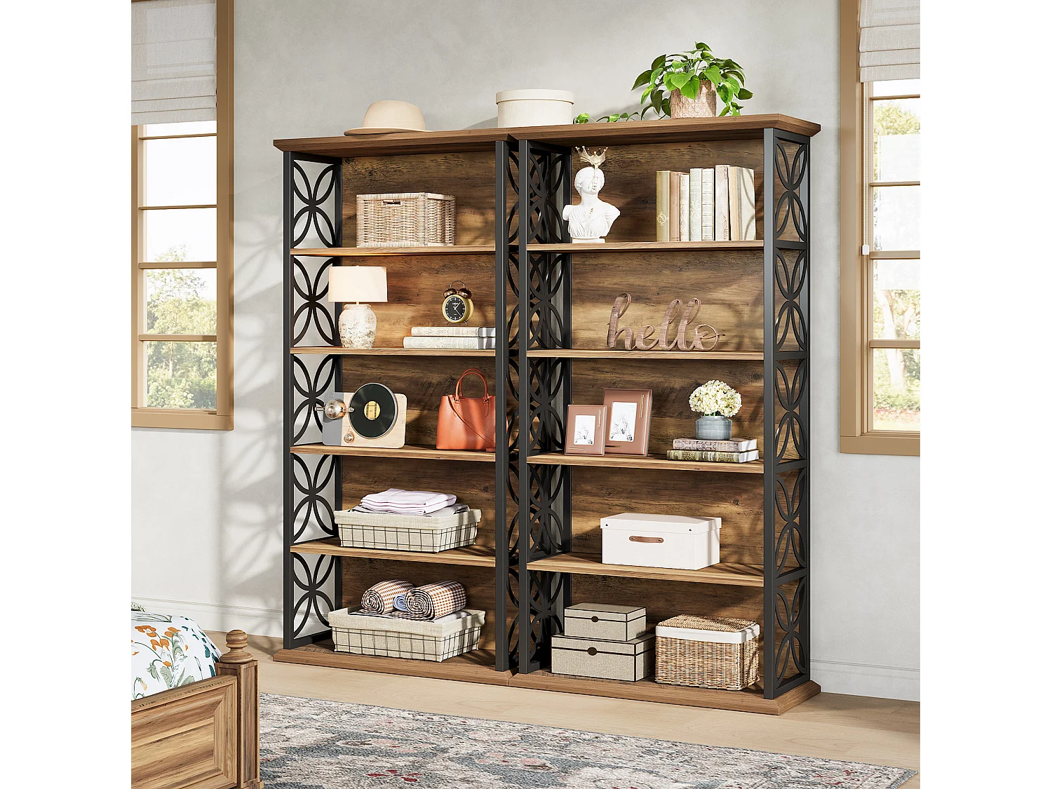 Bibliothèque haute à 6 niveaux, bibliothèque industrielle de 180 cm avec structure métallique, étagères de rangement ouvertes autoportantes