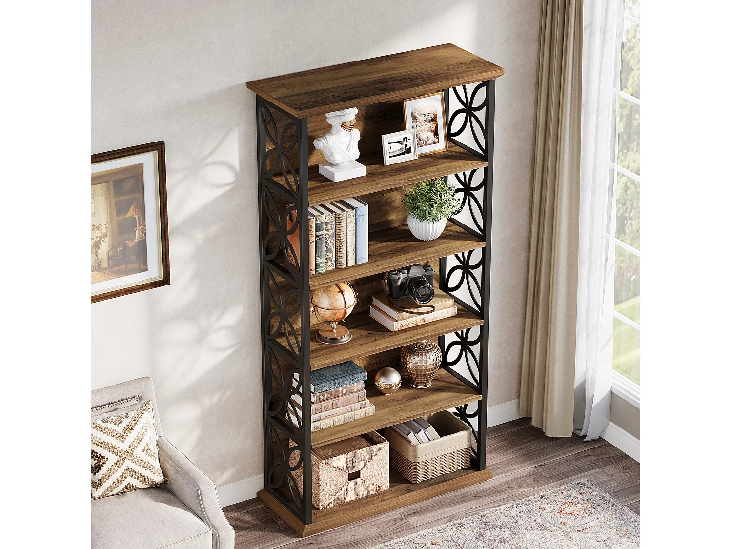 Bibliothèque haute à 6 niveaux, bibliothèque industrielle de 180 cm avec structure métallique, étagères de rangement ouvertes autoportantes