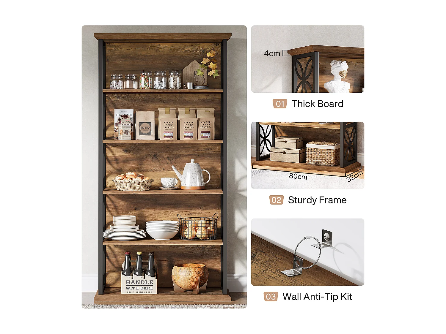 Bibliothèque haute à 6 niveaux, bibliothèque industrielle de 180 cm avec structure métallique, étagères de rangement ouvertes autoportantes