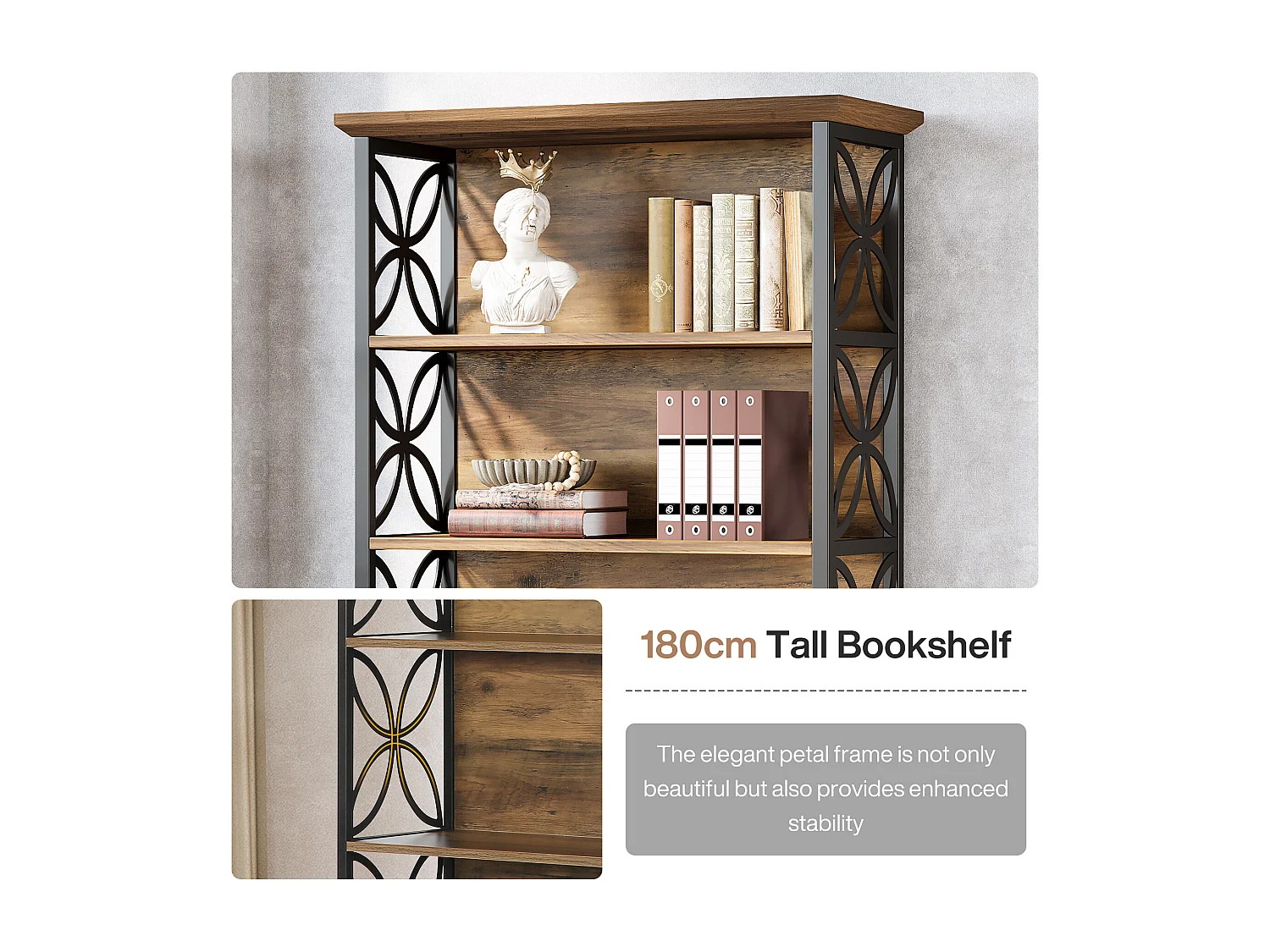 Bibliothèque haute à 6 niveaux, bibliothèque industrielle de 180 cm avec structure métallique, étagères de rangement ouvertes autoportantes