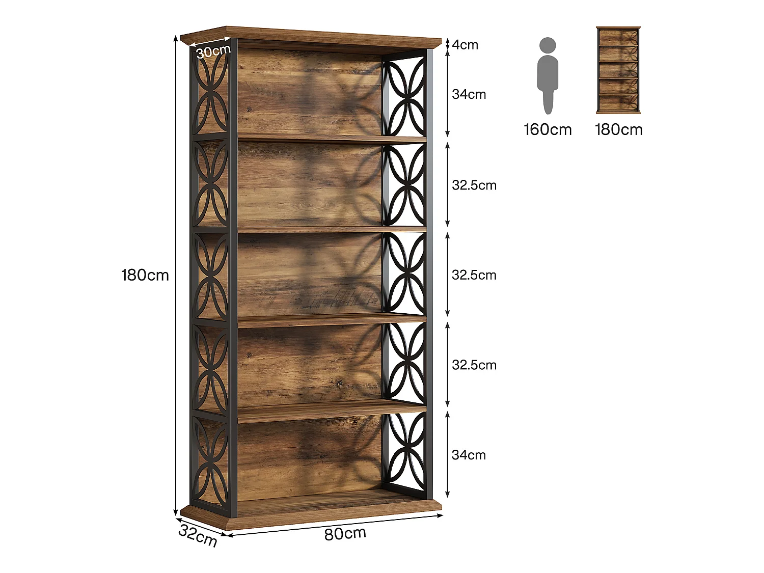 Bibliothèque haute à 6 niveaux, bibliothèque industrielle de 180 cm avec structure métallique, étagères de rangement ouvertes autoportantes