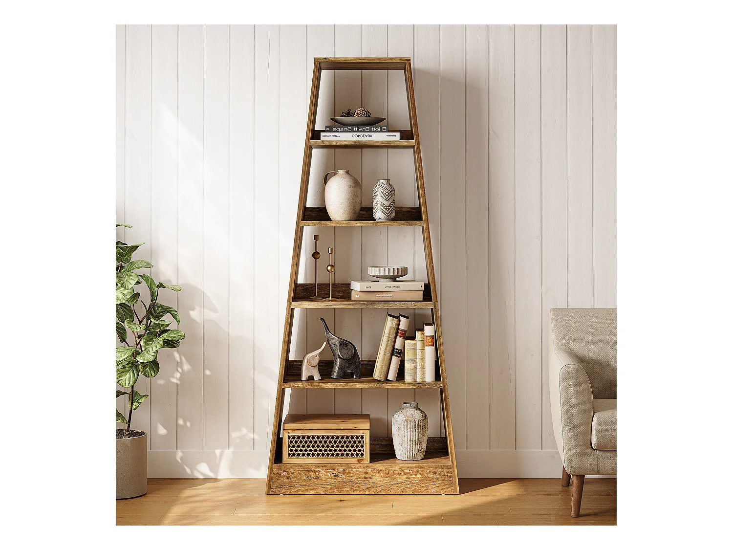 Bibliothèque échelle de style ferme de 181 cm, étagère de rangement à 6 niveaux pour salon, bureau, chambre