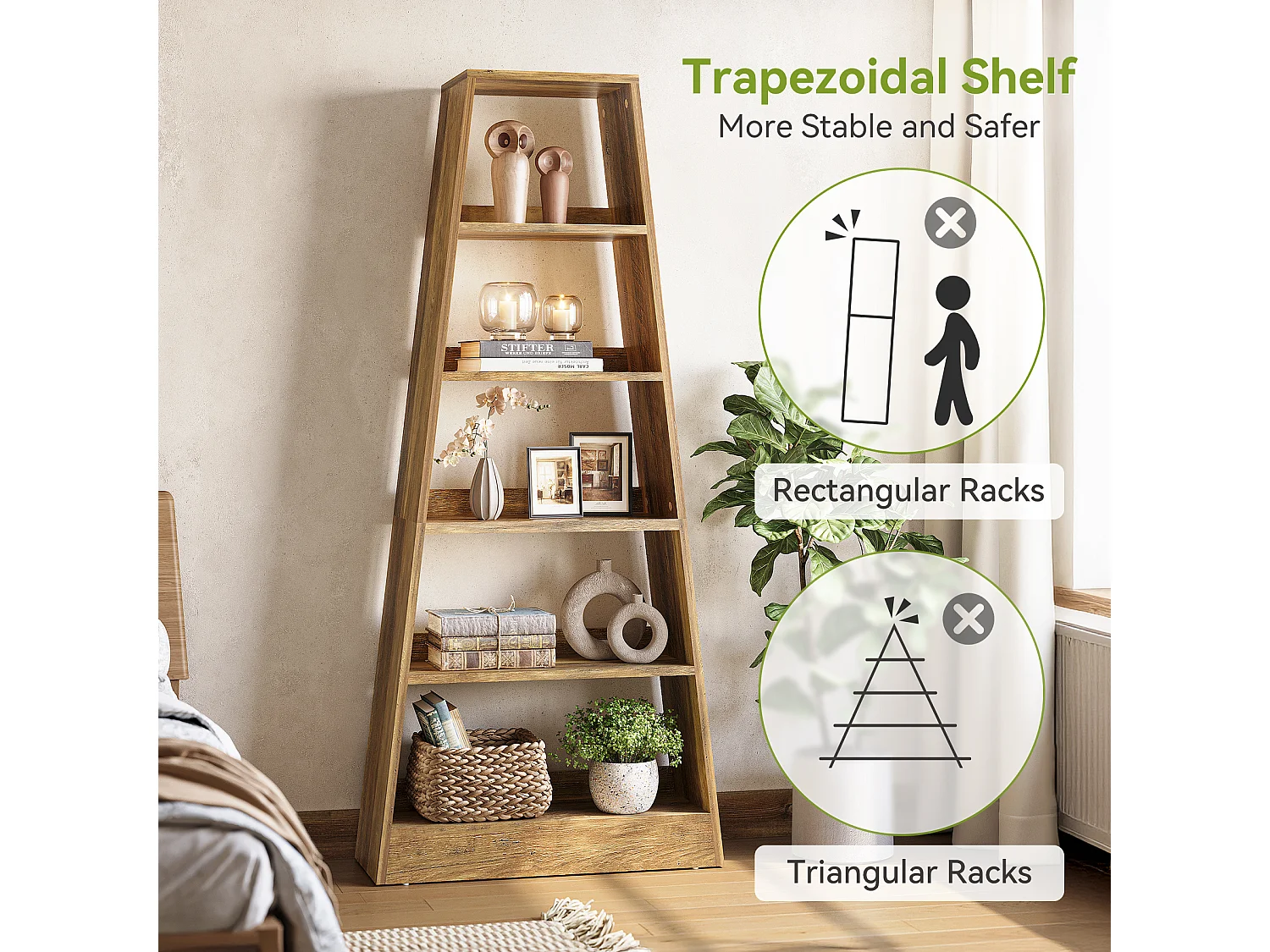 Bibliothèque échelle de style ferme de 181 cm, étagère de rangement à 6 niveaux pour salon, bureau, chambre