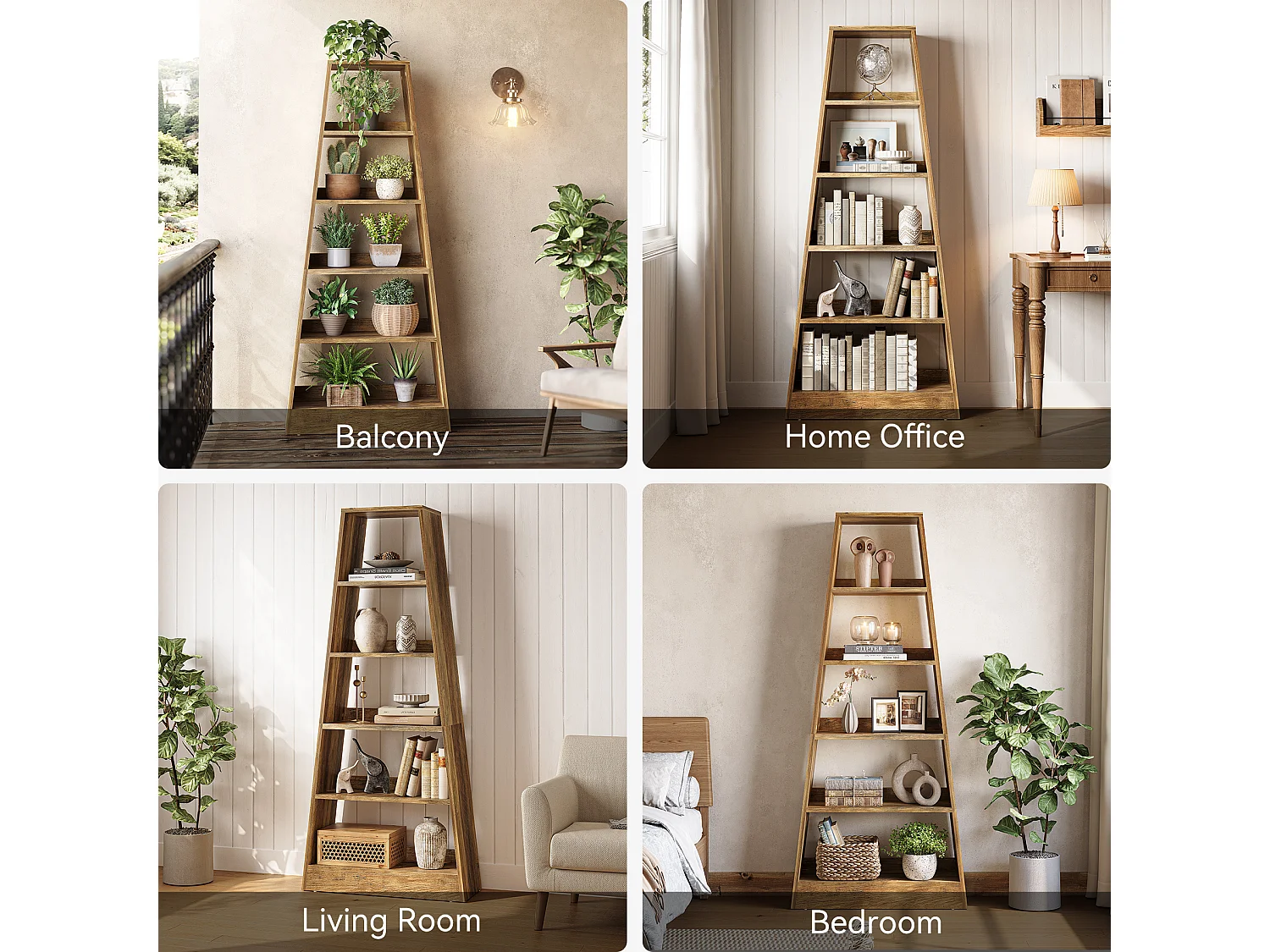 Bibliothèque échelle de style ferme de 181 cm, étagère de rangement à 6 niveaux pour salon, bureau, chambre