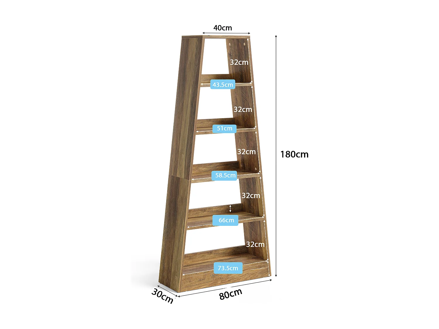 181 cm boerderijladderboekenkast, 6-laags opbergplank voor woonkamer, kantoor, slaapkamer