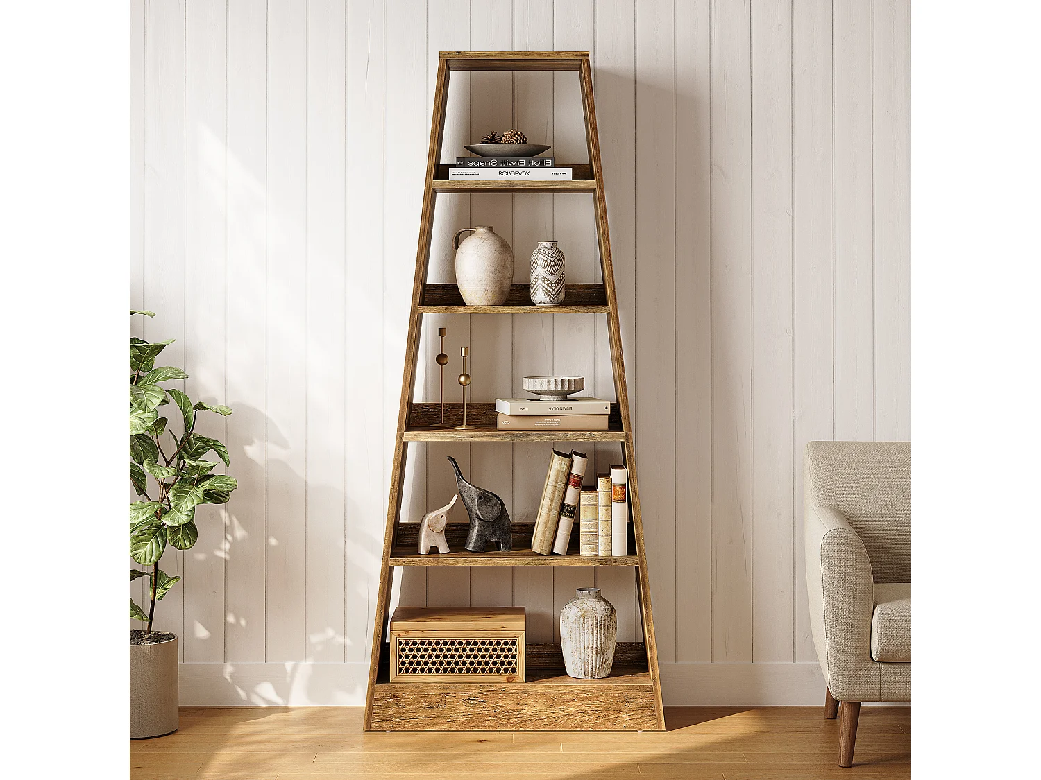 181 cm boerderijladderboekenkast, 6-laags opbergplank voor woonkamer, kantoor, slaapkamer