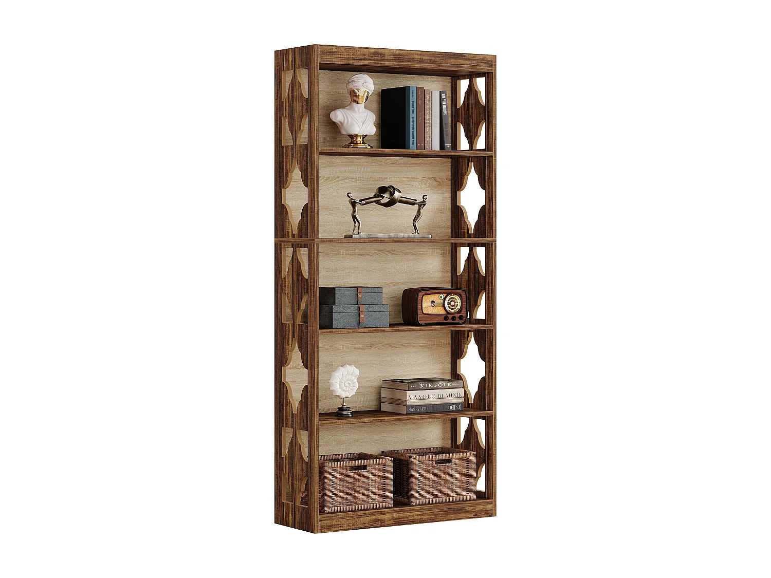 179 cm hohes Vintage-Bücherregal, 5-ebener hohes Bücherregal, Bücherregal mit Ausschnittdesign, freistehendes Ablage- und Displayregal