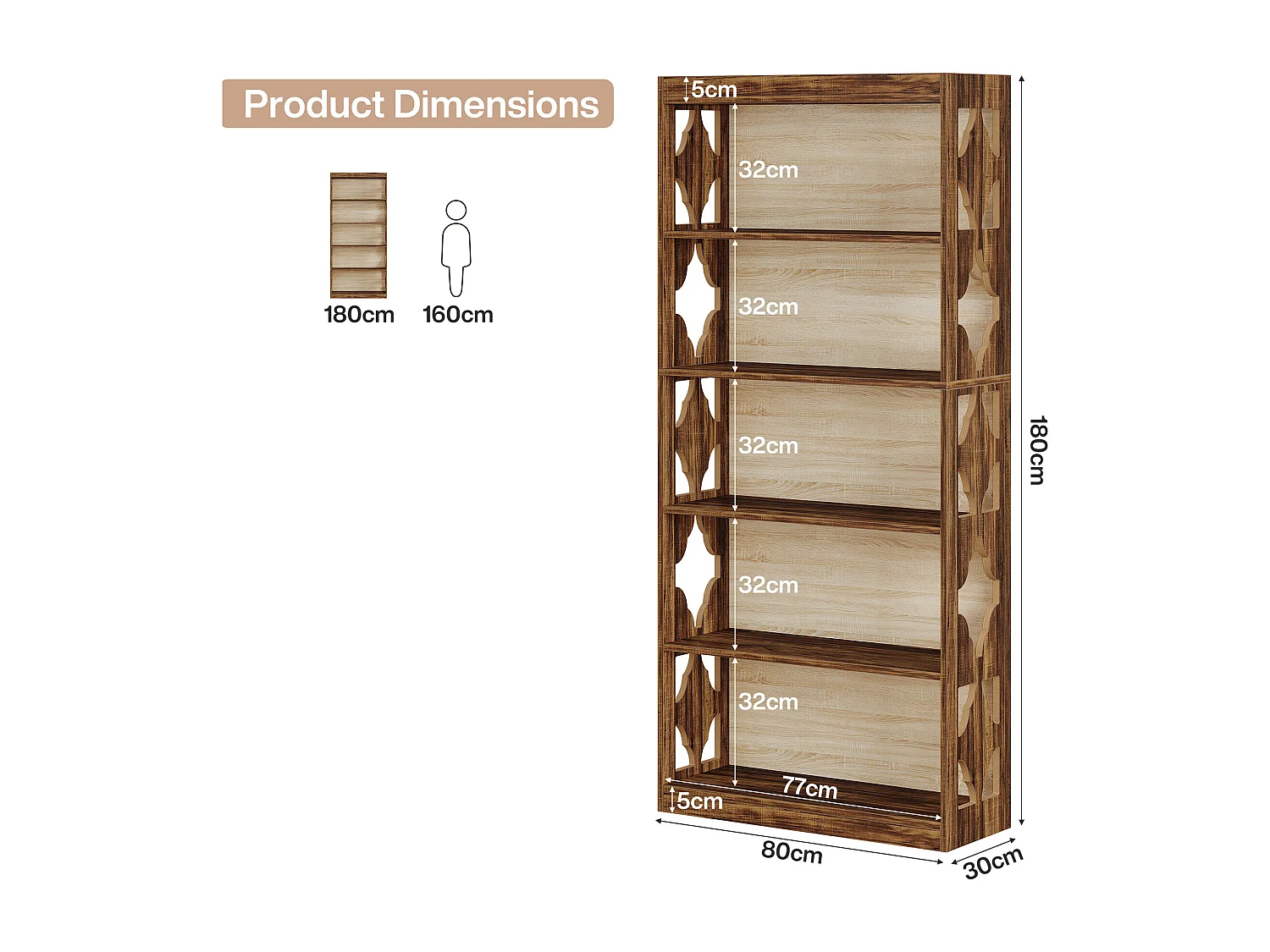 179 cm hohes Vintage-Bücherregal, 5-ebener hohes Bücherregal, Bücherregal mit Ausschnittdesign, freistehendes Ablage- und Displayregal