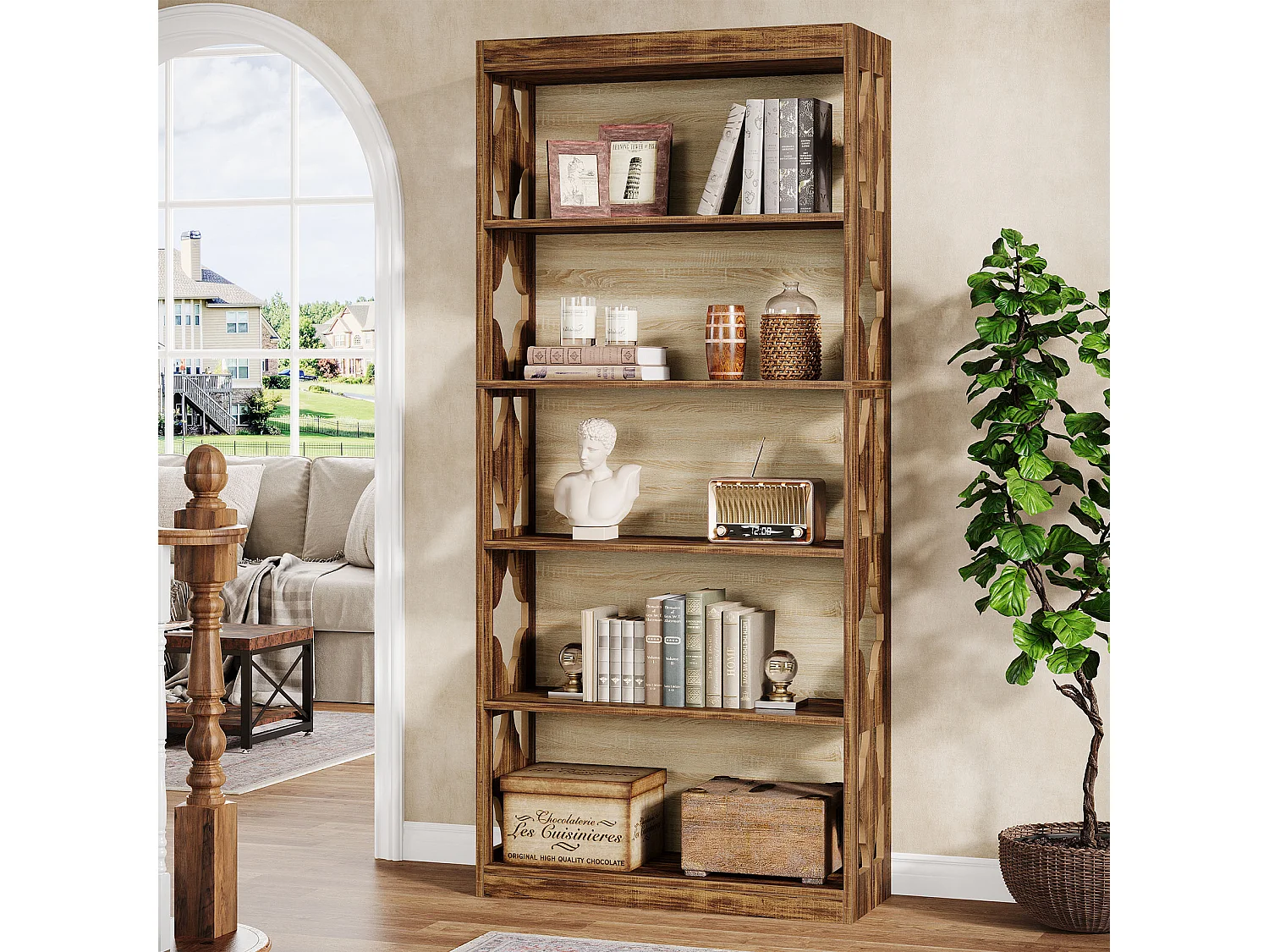 179 cm hohes Vintage-Bücherregal, 5-ebener hohes Bücherregal, Bücherregal mit Ausschnittdesign, freistehendes Ablage- und Displayregal