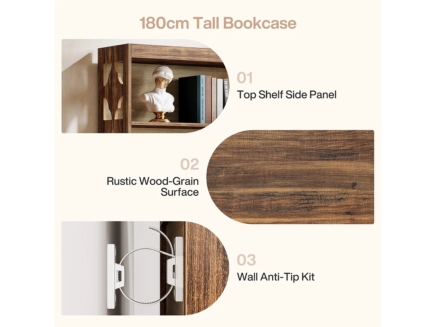 179 cm hohes Vintage-Bücherregal, 5-ebener hohes Bücherregal, Bücherregal mit Ausschnittdesign, freistehendes Ablage- und Displayregal